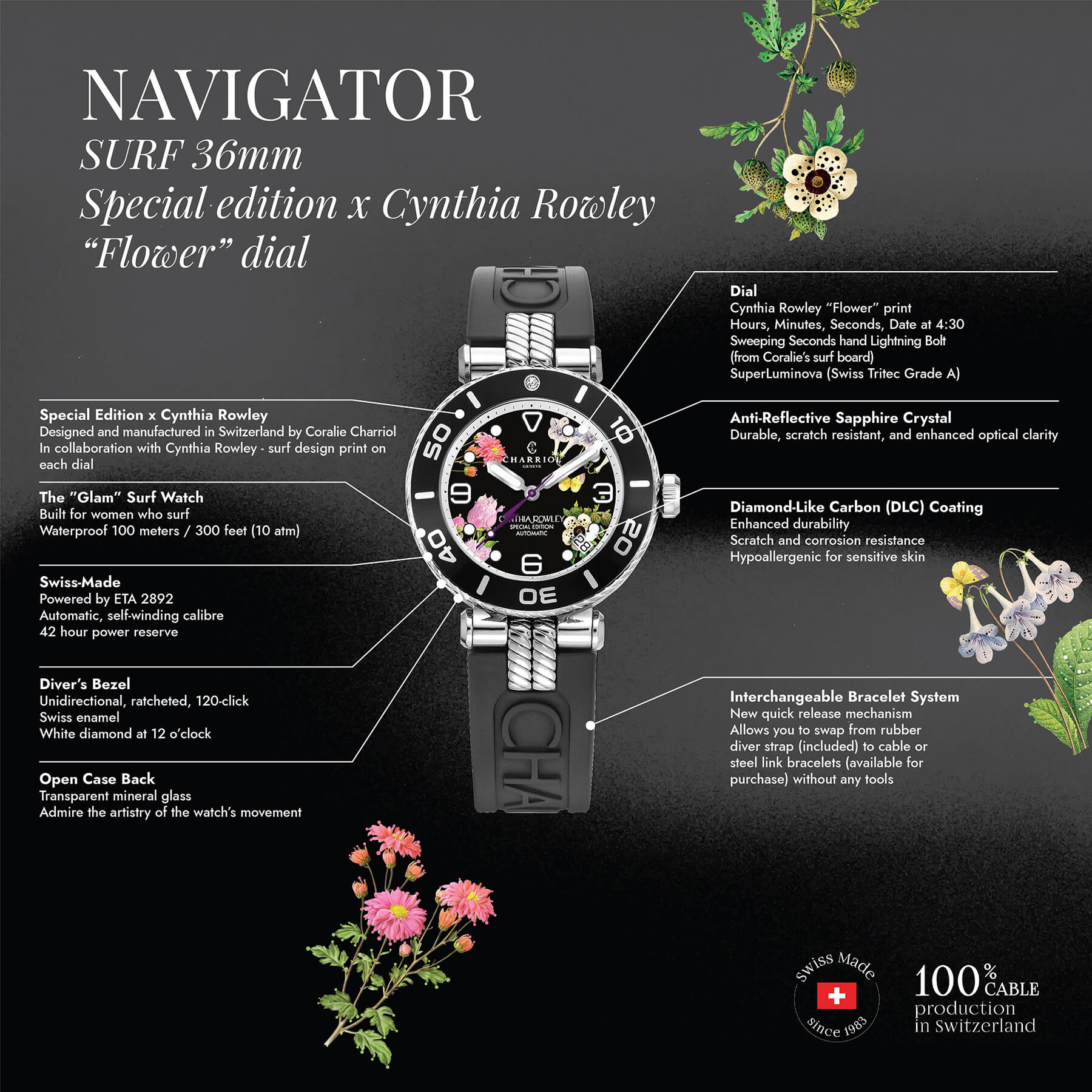 NAVIGATOR SURF, 36MM, AUTOMATIC CALIBRE, FLOWER DIAL, BLACK WITH 1 DIAMOND BEZEL, BLACK RUBBER INTERCHANGEABLE BRACELET, SPECIAL EDITION X CYNTHIA ROWLEY - © 2024 Charriol -  Watch