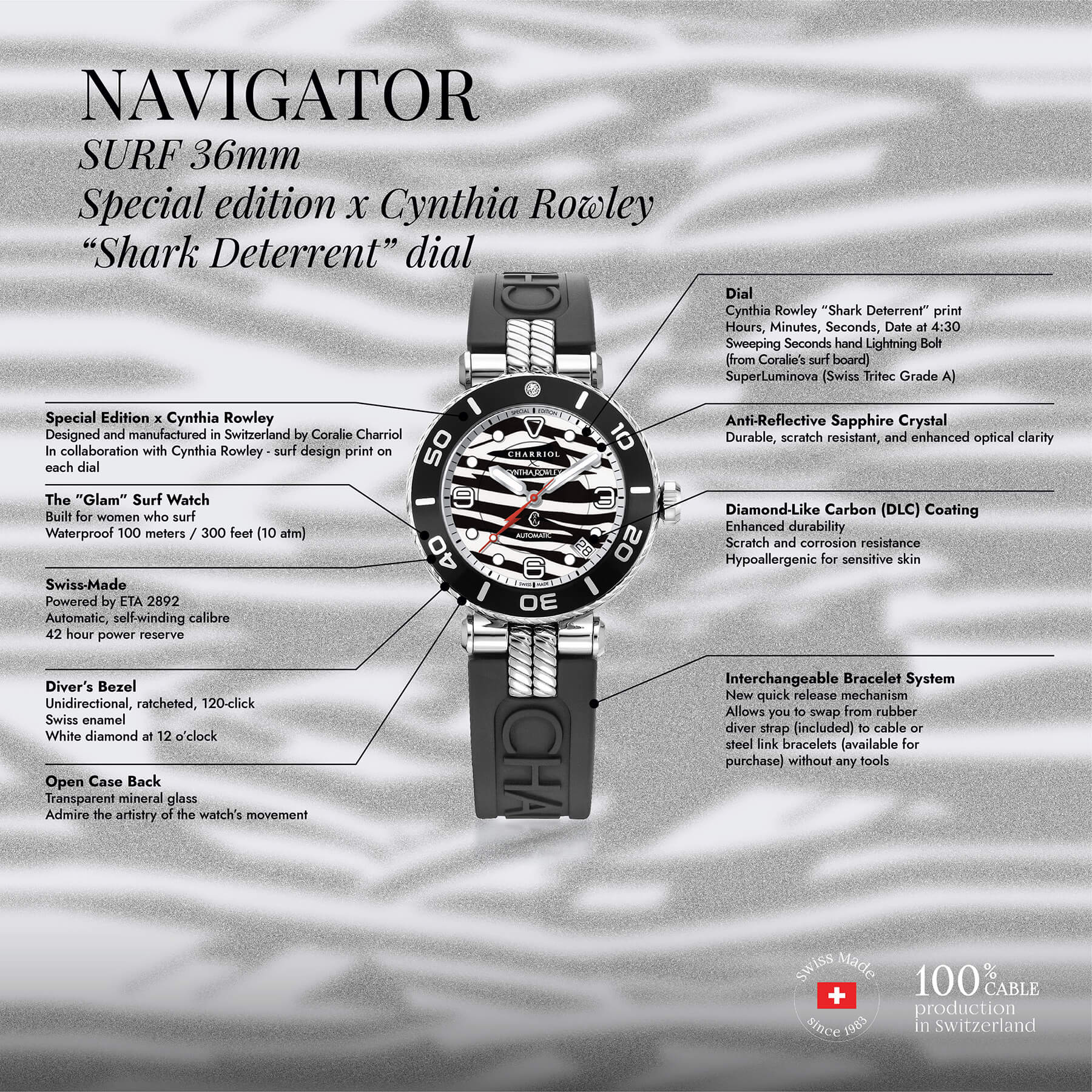 NAVIGATOR SURF, 36MM, AUTOMATIC CALIBRE, SHARK DETERRENT DIAL, BLACK WITH 1 DIAMOND BEZEL, BLACK RUBBER INTERCHANGEABLE BRACELET, SPECIAL EDITION X CYNTHIA ROWLEY - © 2024 Charriol - Watch