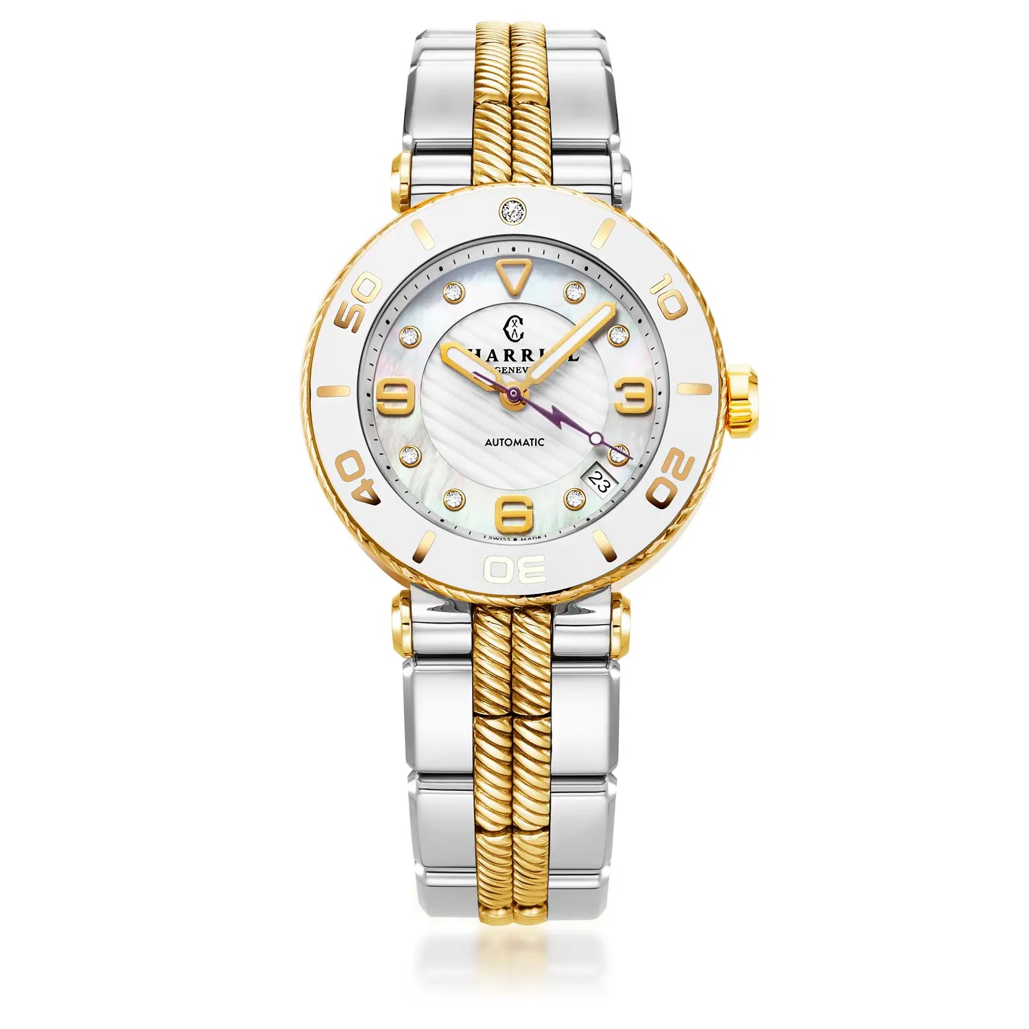 NAVIGATOR SURF, 36MM, AUTOMATIC CALIBRE, WHITE DIAL, WHITE BEZEL, STEEL BICOLOR INTERCHANGEABLE BRACELET - Charriol Geneve - Watch