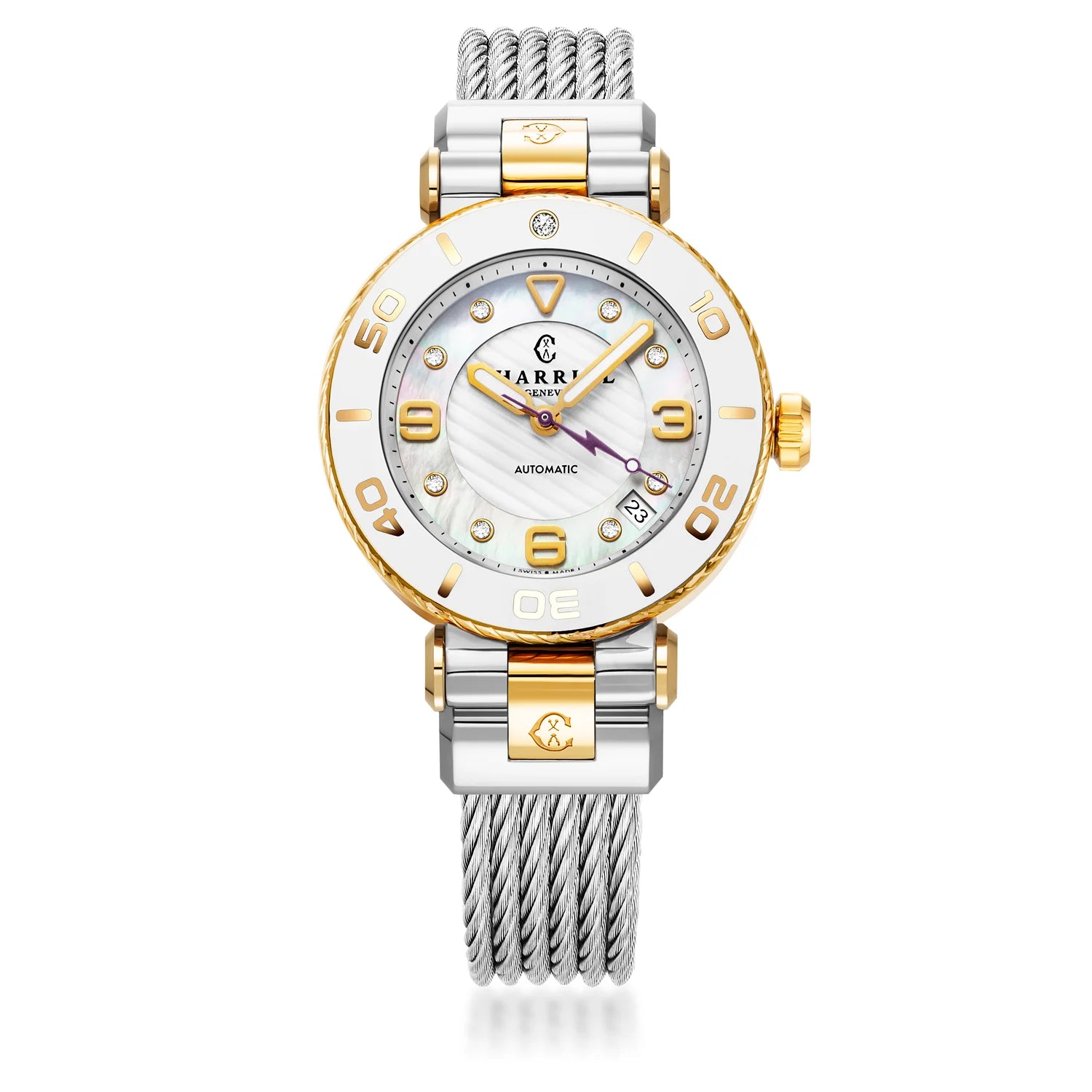 NAVIGATOR SURF, 36MM, AUTOMATIC CALIBRE, WHITE DIAL, WHITE BEZEL, STEEL CABLE INTERCHANGEABLE BRACELET - Charriol Geneve - Watch