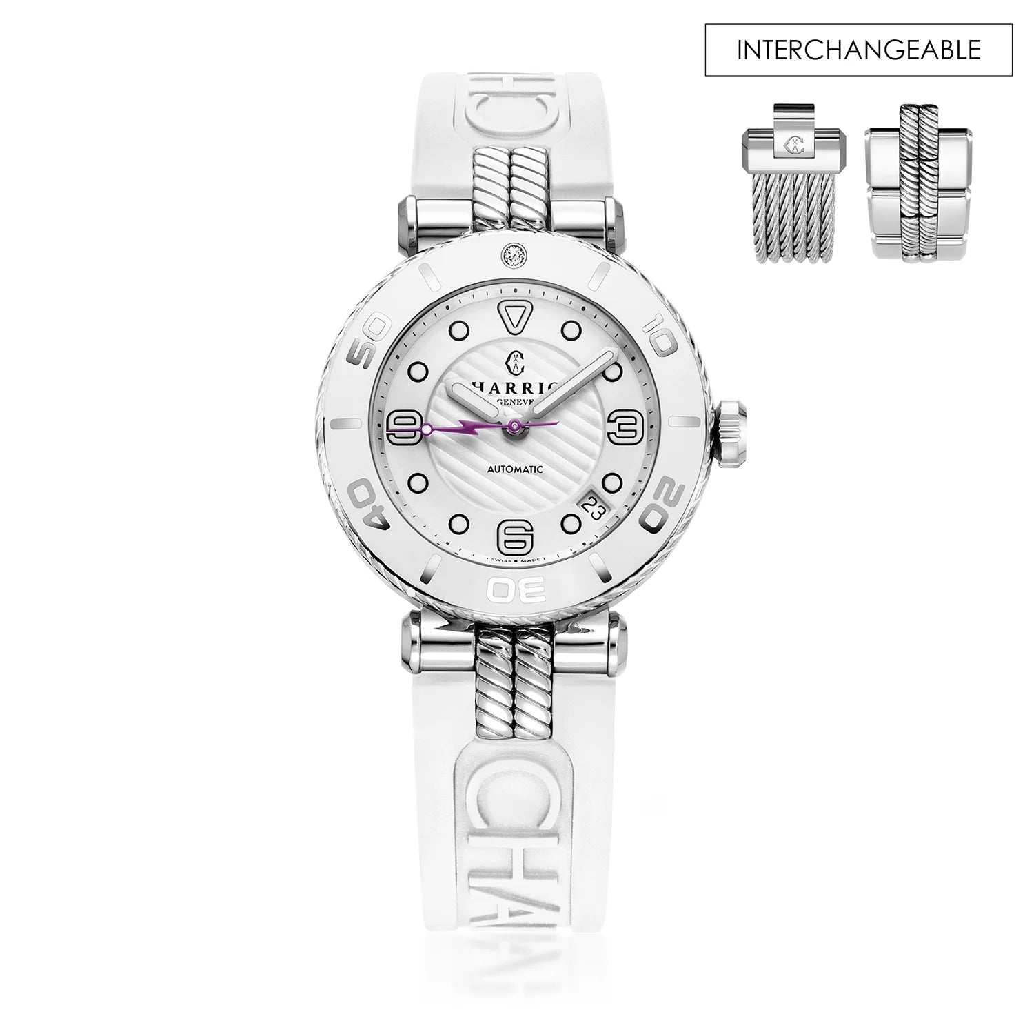 NAVIGATOR SURF, 36MM, AUTOMATIC CALIBRE, WHITE DIAL, WHITE BEZEL, WHITE RUBBER INTERCHANGEABLE BRACELET - Charriol Geneve - Watch