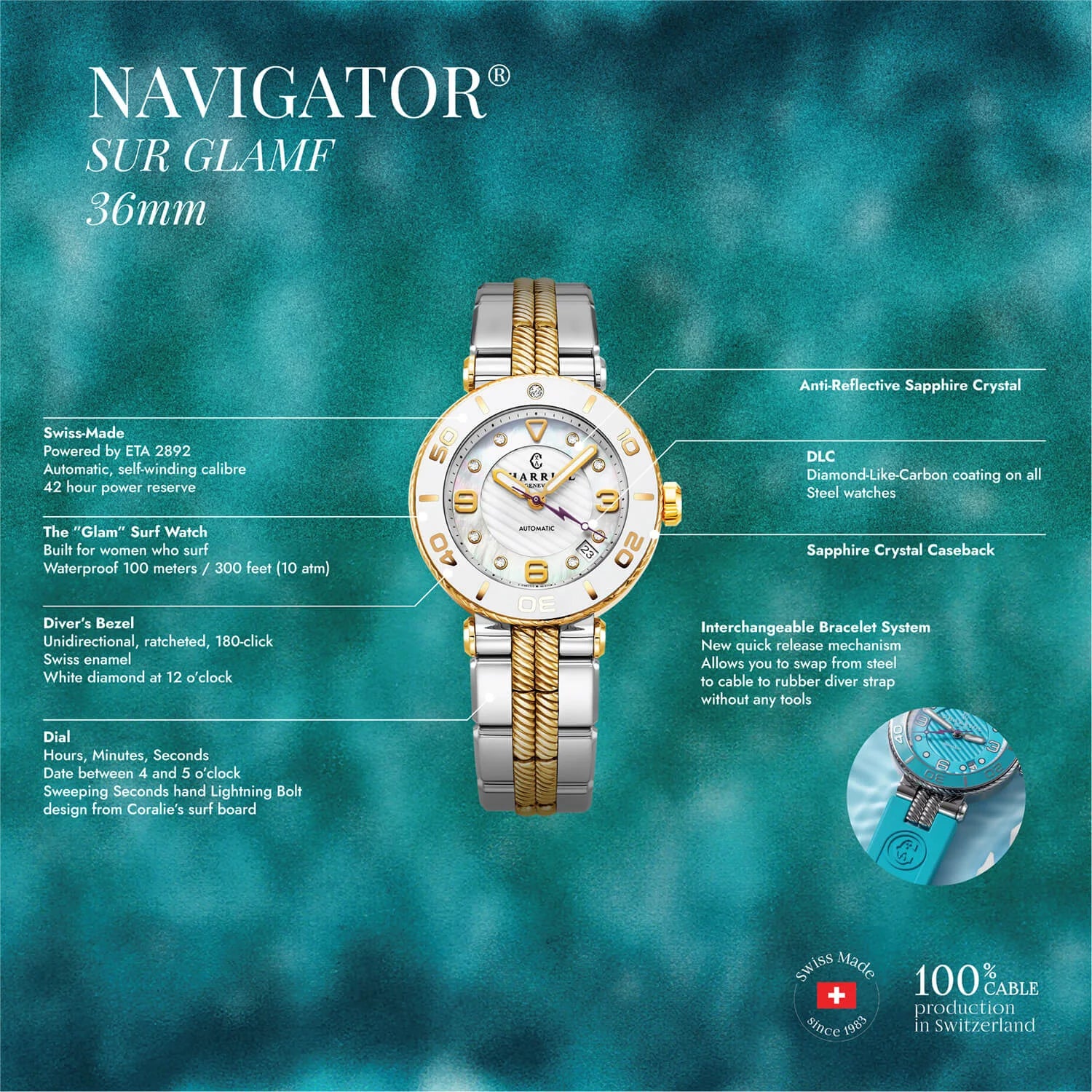 NAVIGATOR SURF, 36MM, AUTOMATIC CALIBRE, WHITE DIAL, WHITE BEZEL, STEEL BICOLOR INTERCHANGEABLE BRACELET - Charriol Geneve - Watch
