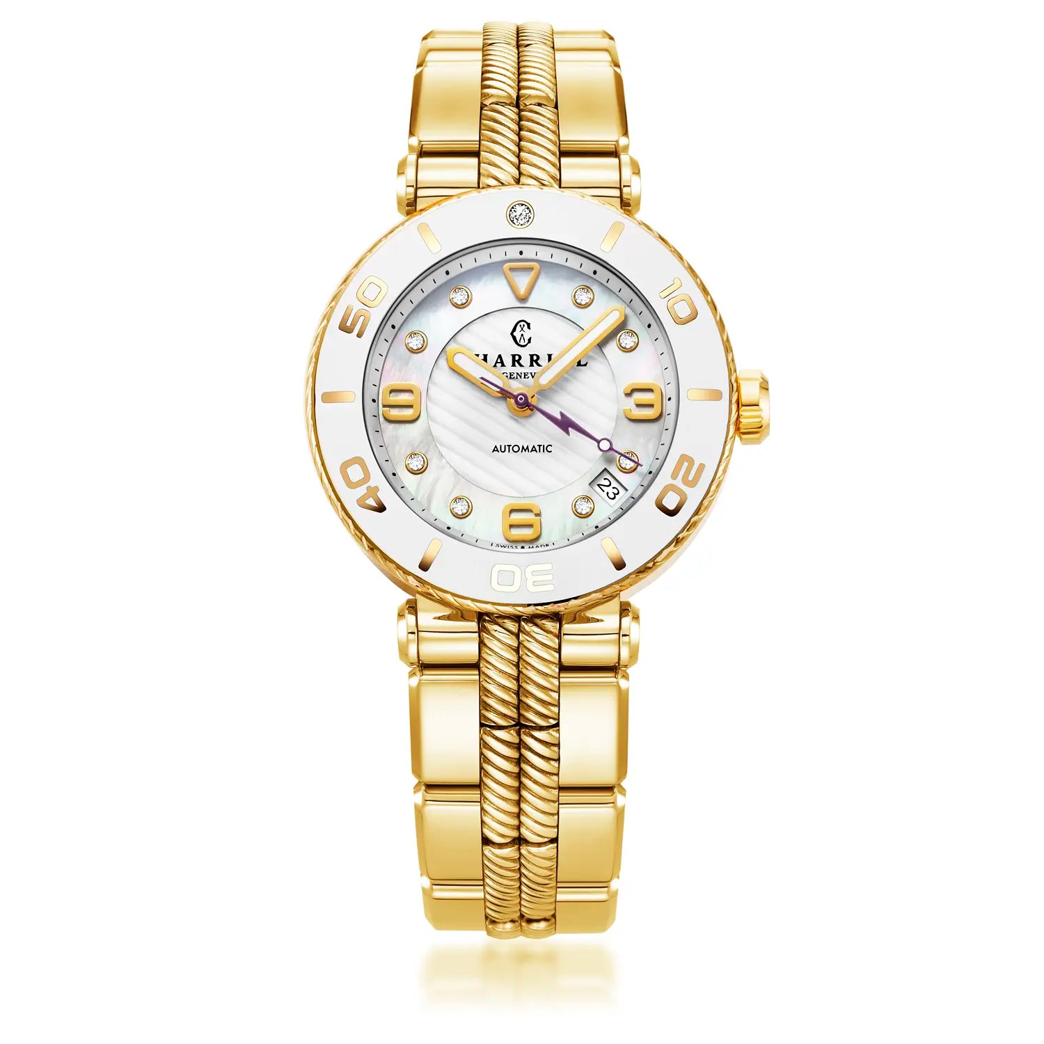 NAVIGATOR SURF, 36MM, AUTOMATIC CALIBRE, WHITE DIAL, WHITE BEZEL, YELLOW GOLD PVD INTERCHANGEABLE BRACELET - Charriol Geneve - Watch