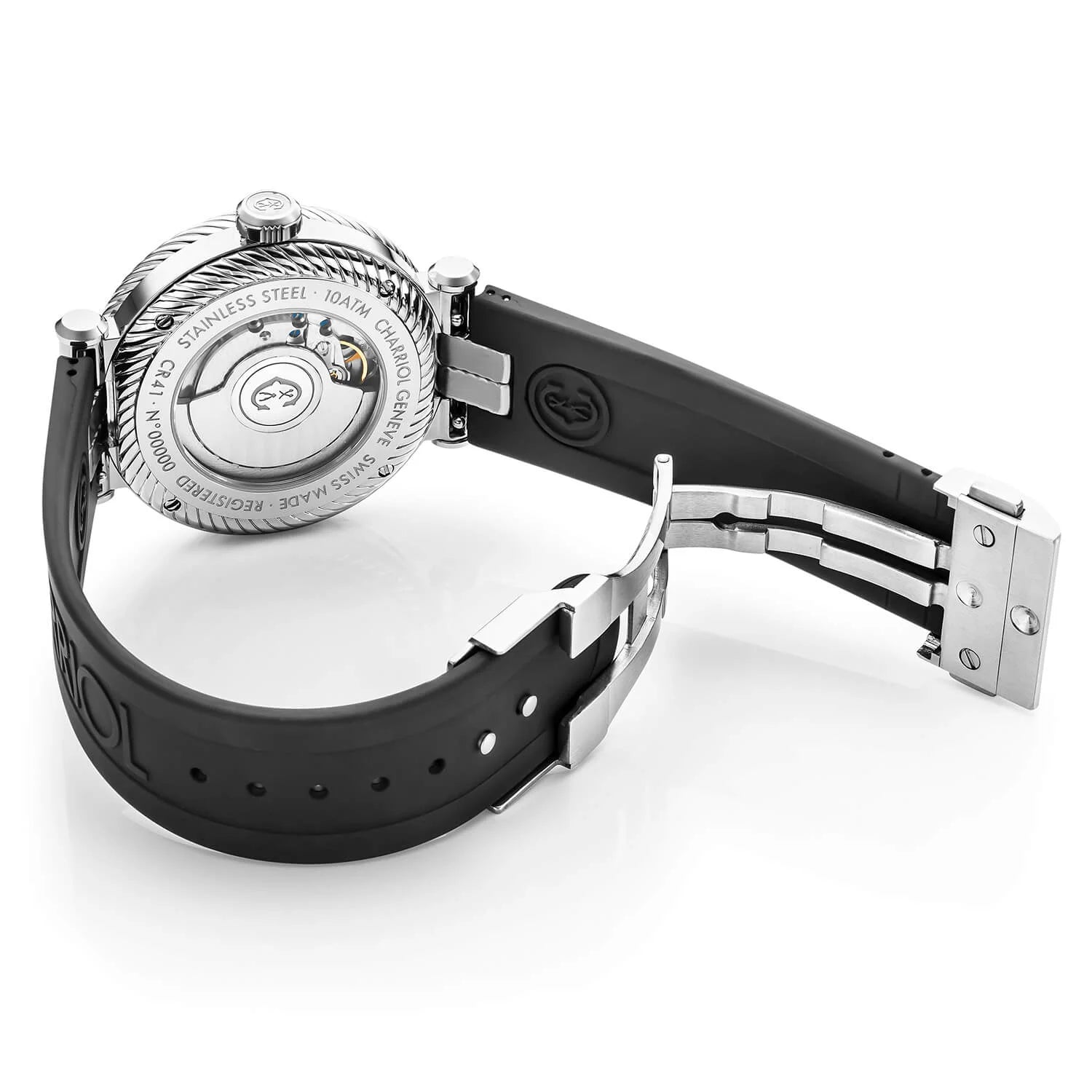 NAVIGATOR SURF, 41MM, AUTOMATIC CALIBRE, BLACK AND SILVER LUMINOVA DIAL, BLACK AND SILVER UNIDIRECTIONAL BEZEL, BLACK RUBBER INTERCHANGEABLE BRACELET - © 2024 Charriol - Watch