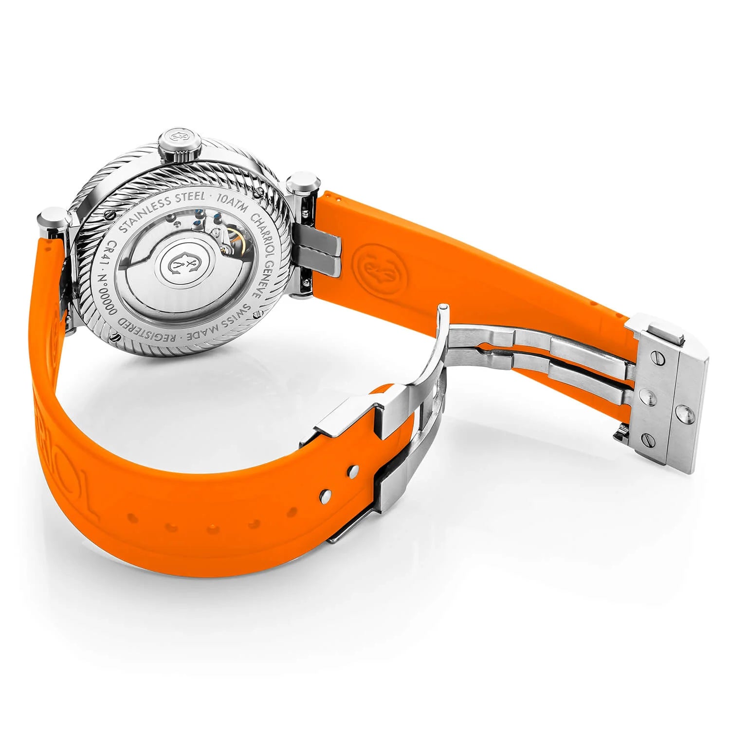 NAVIGATOR SURF, 41MM, AUTOMATIC CALIBRE, BLACK LUMINOVA DIAL, BLACK AND SILVER BEZEL, ORANGE RUBBER INTERCHANGEABLE BRACELET - © 2024 Charriol - Watch