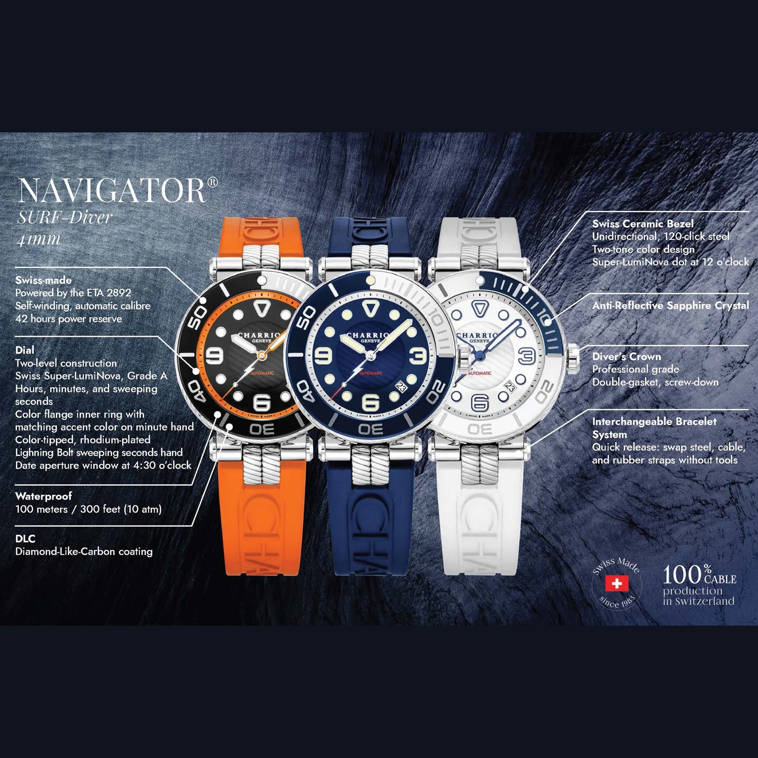 NAVIGATOR 、41mm、自動巻きキャリバー、ブラック&シルバーのルミノバ文字盤、ブラック&シルバーの片方向回転ベゼル、ブラックのラバー製交換用ブレスレット -Charriol Montre