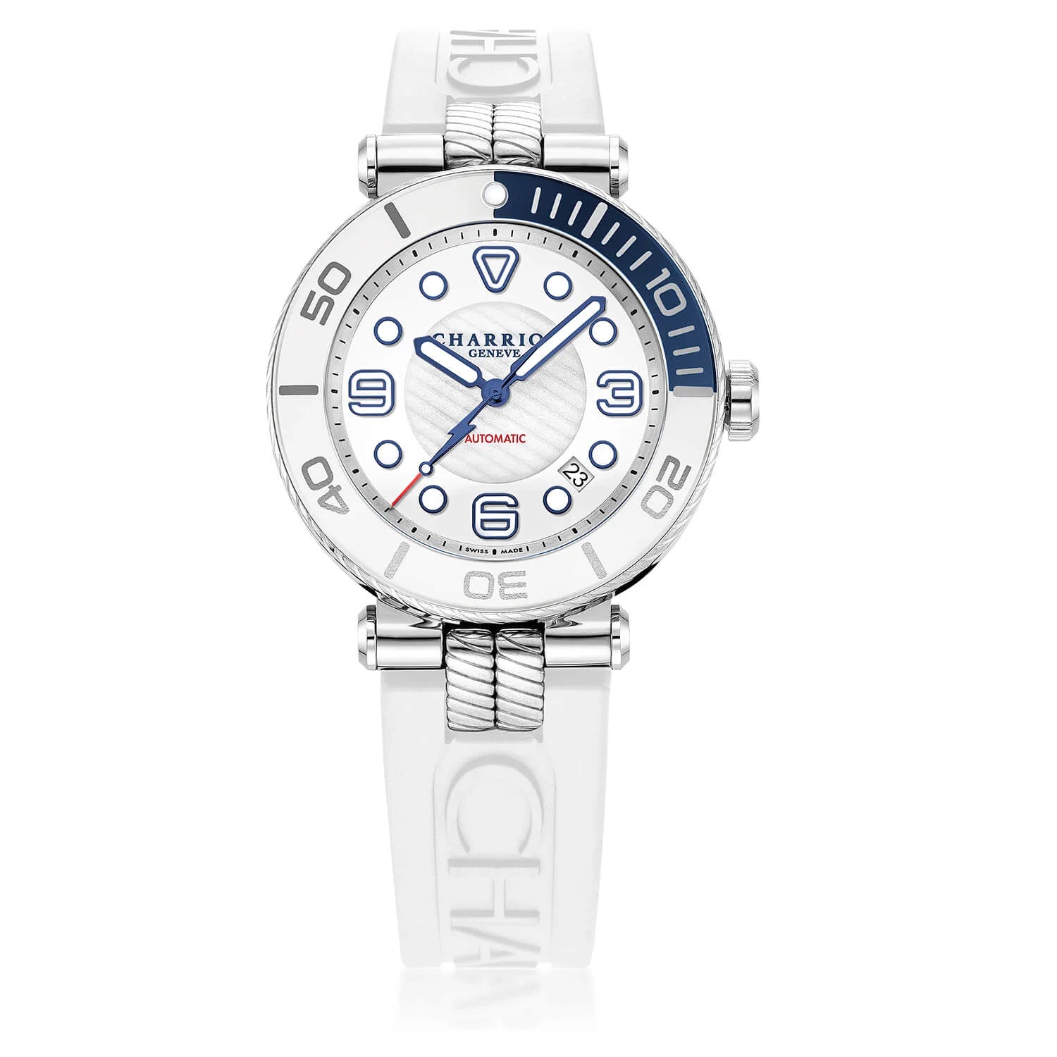 NAVIGATOR SURF, 41MM, AUTOMATIC CALIBRE, WHITE LUMINOVA DIAL, BLUE AND WHITE BEZEL, WHITE RUBBER INTERCHANGEABLE BRACELET - © 2024 Charriol - Watch