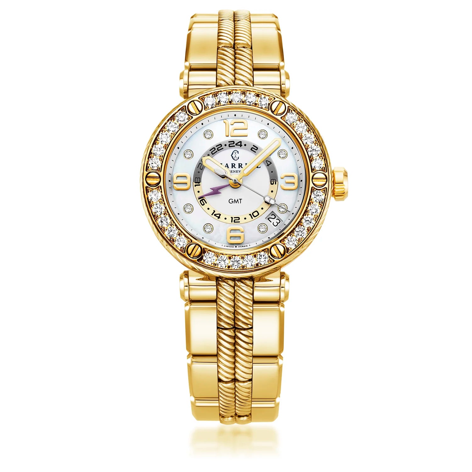 NAVIGATOR SURF GMT, 36MM, QUARTZ GMT CALIBRE, WHITE DIAL, 30 DIAMONDS BEZEL, YELLOW GOLD PVD INTERCHANGEABLE BRACELET - Charriol Geneve - Watch