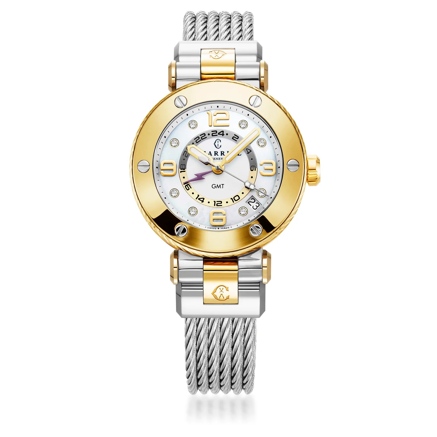 NAVIGATOR SURF GMT, 36MM, QUARTZ GMT CALIBRE, WHITE DIAL, 6 SCREWS BEZEL, STEEL CABLE INTERCHANGEABLE BRACELET - Charriol Geneve - Watch