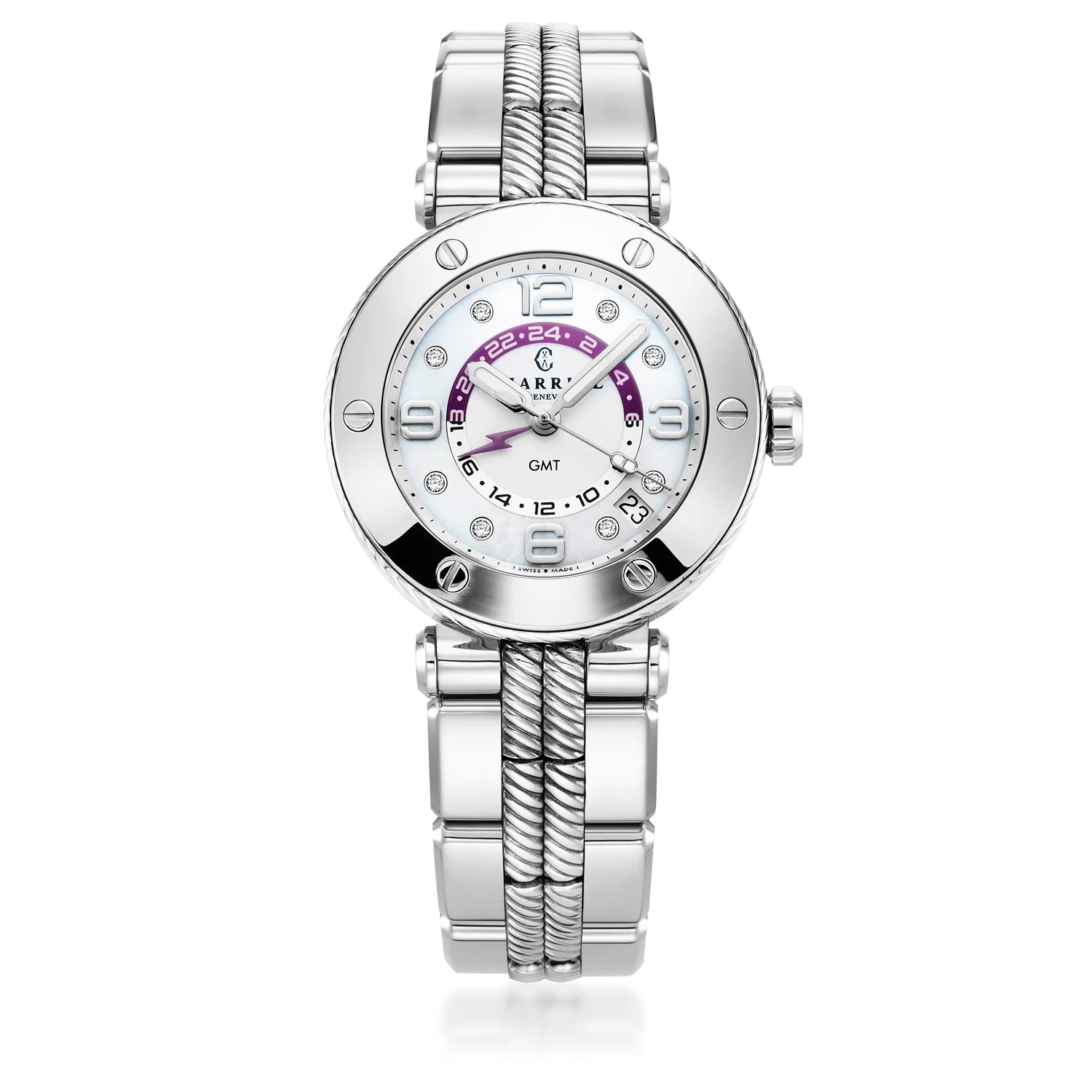 NAVIGATOR SURF GMT, 36MM, QUARTZ GMT CALIBRE, WHITE DIAL, 6 SCREWS BEZEL, STEEL INTERCHANGEABLE BRACELET - Charriol Geneve - Watch