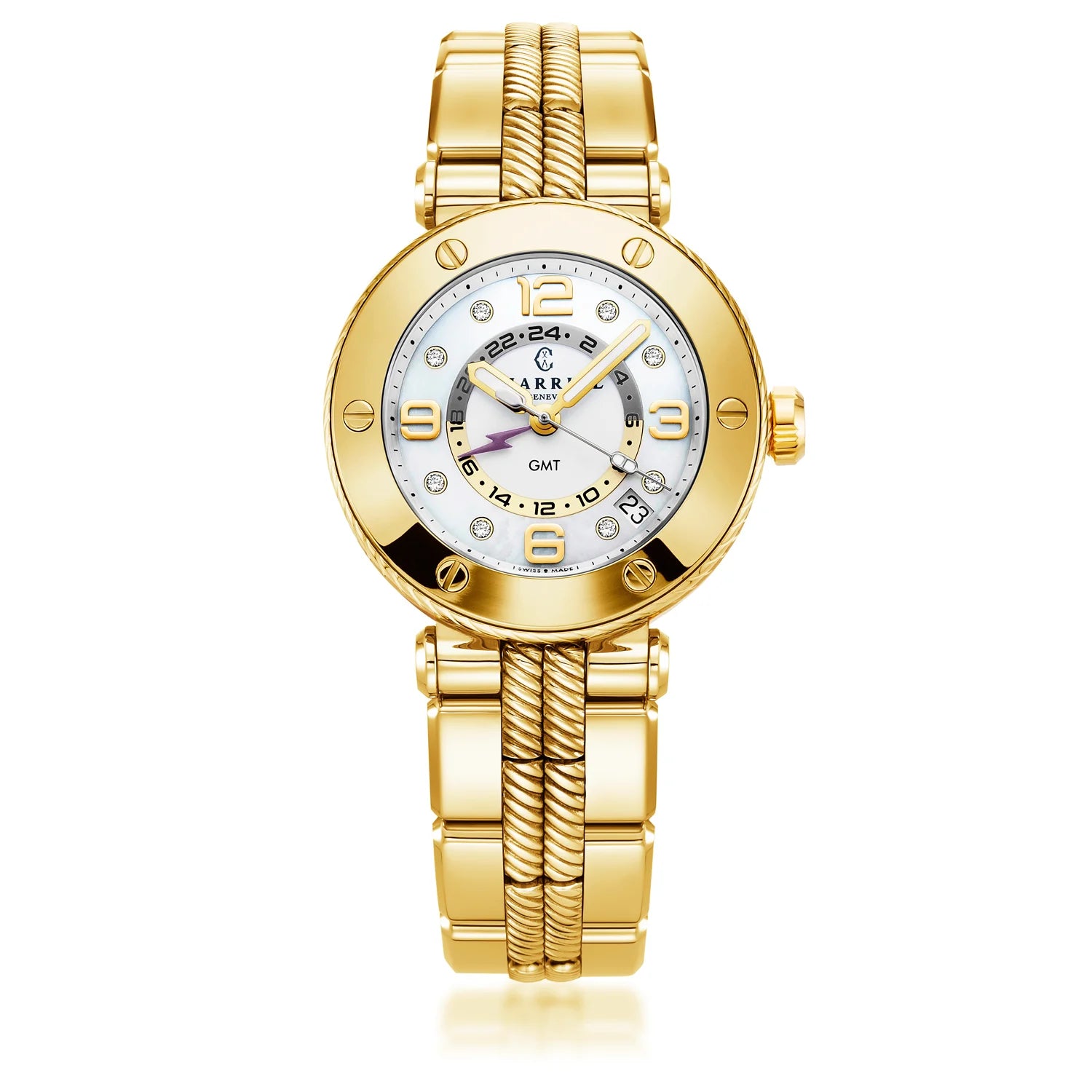 NAVIGATOR SURF GMT, 36MM, QUARTZ GMT CALIBRE, WHITE DIAL, 6 SCREWS BEZEL, STEEL YELLOW GOLD PVD INTERCHANGEABLE BRACELET - Charriol Geneve - Watch