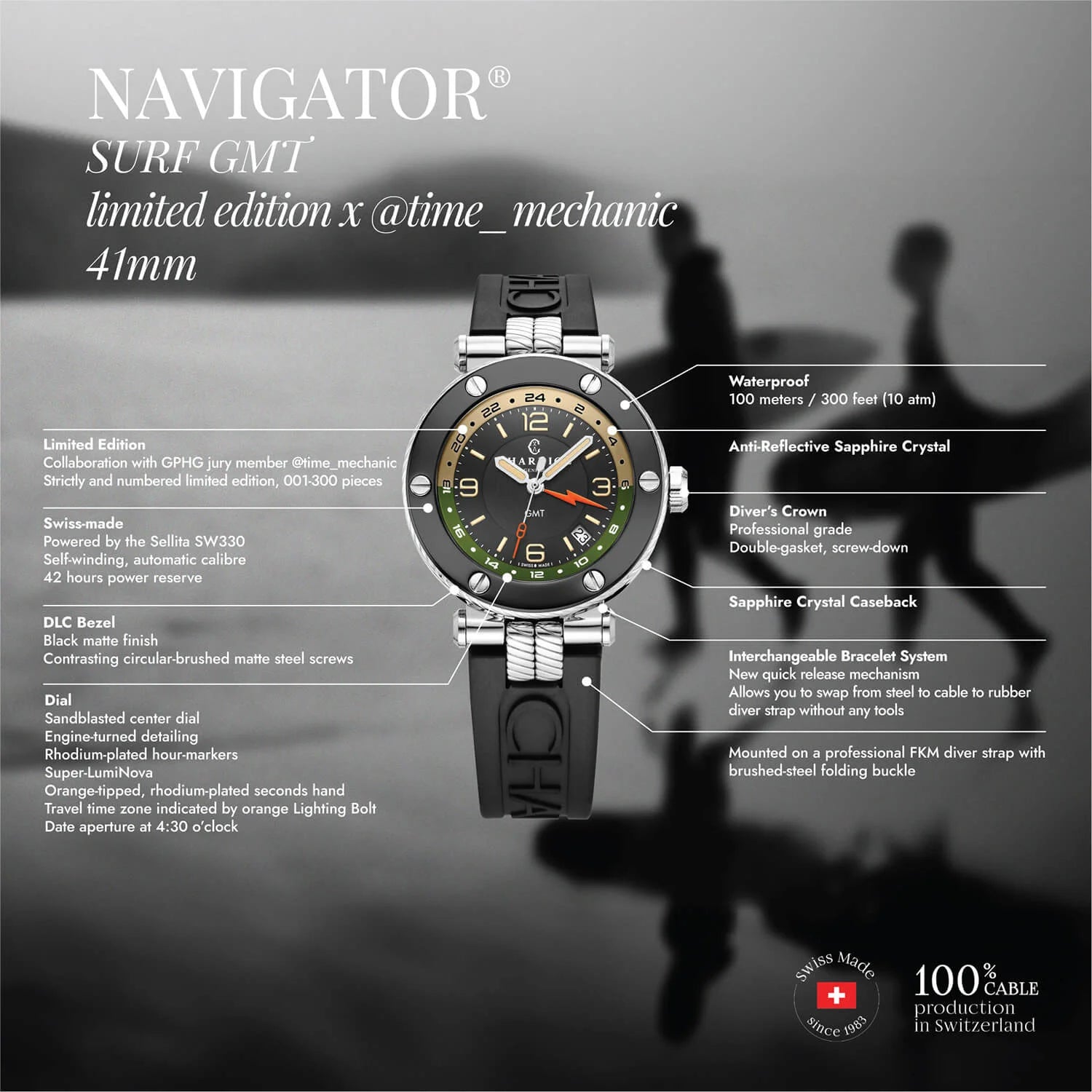 NAVIGATOR SURF GMT, 41MM, AUTOMATIC CALIBRE, BLACK DIAL, 6 SCREWS BEZEL, BLACK RUBBER INTERCHANGEABLE BRACELET, Limited Edition x @time_mechanic - Charriol Geneve - Watch
