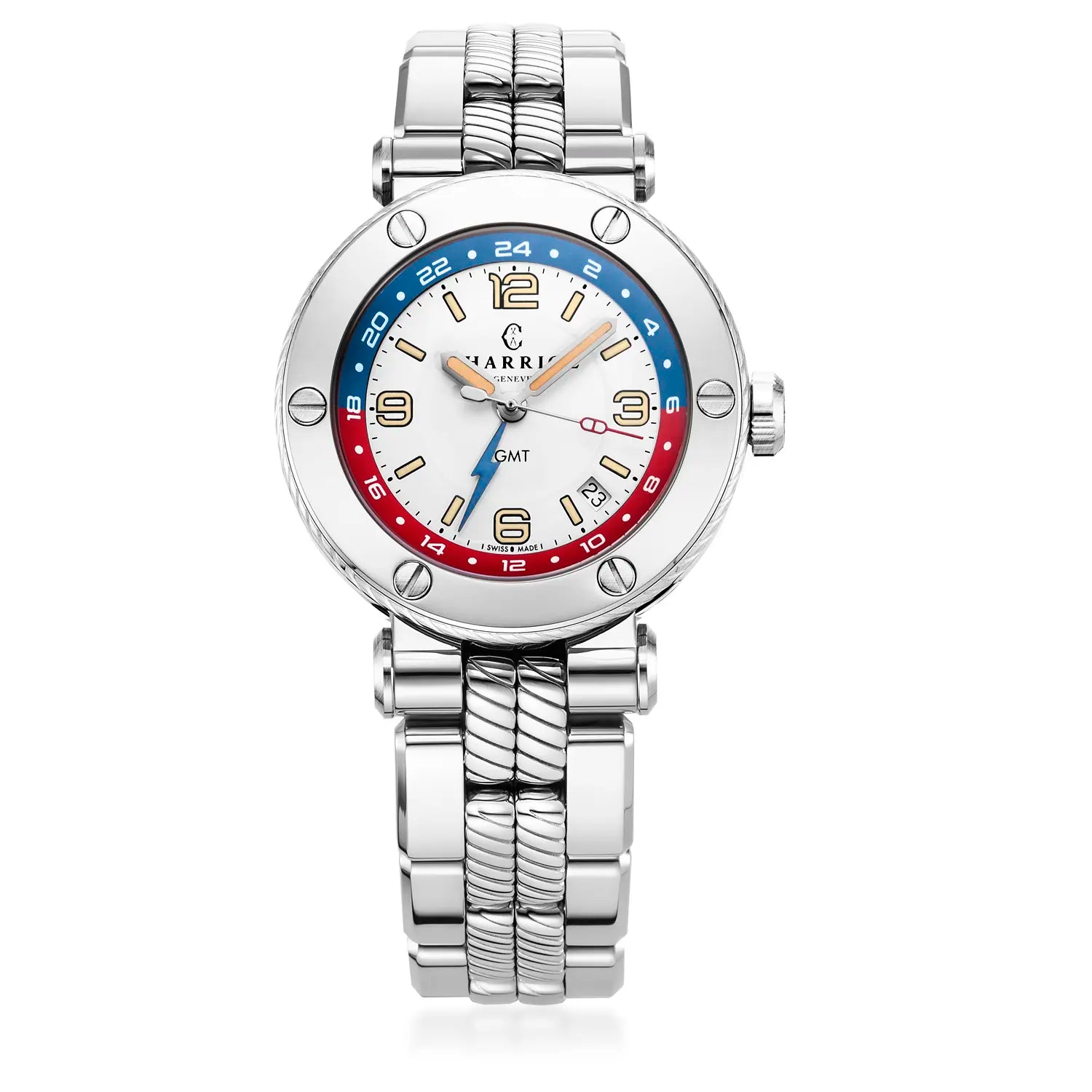 NAVIGATOR SURF GMT, 41MM, AUTOMATIC CALIBRE, WHITE DIAL, 6 SCREWS BEZEL, STEEL INTERCHANGEABLE BRACELET - Charriol Geneve - Watch