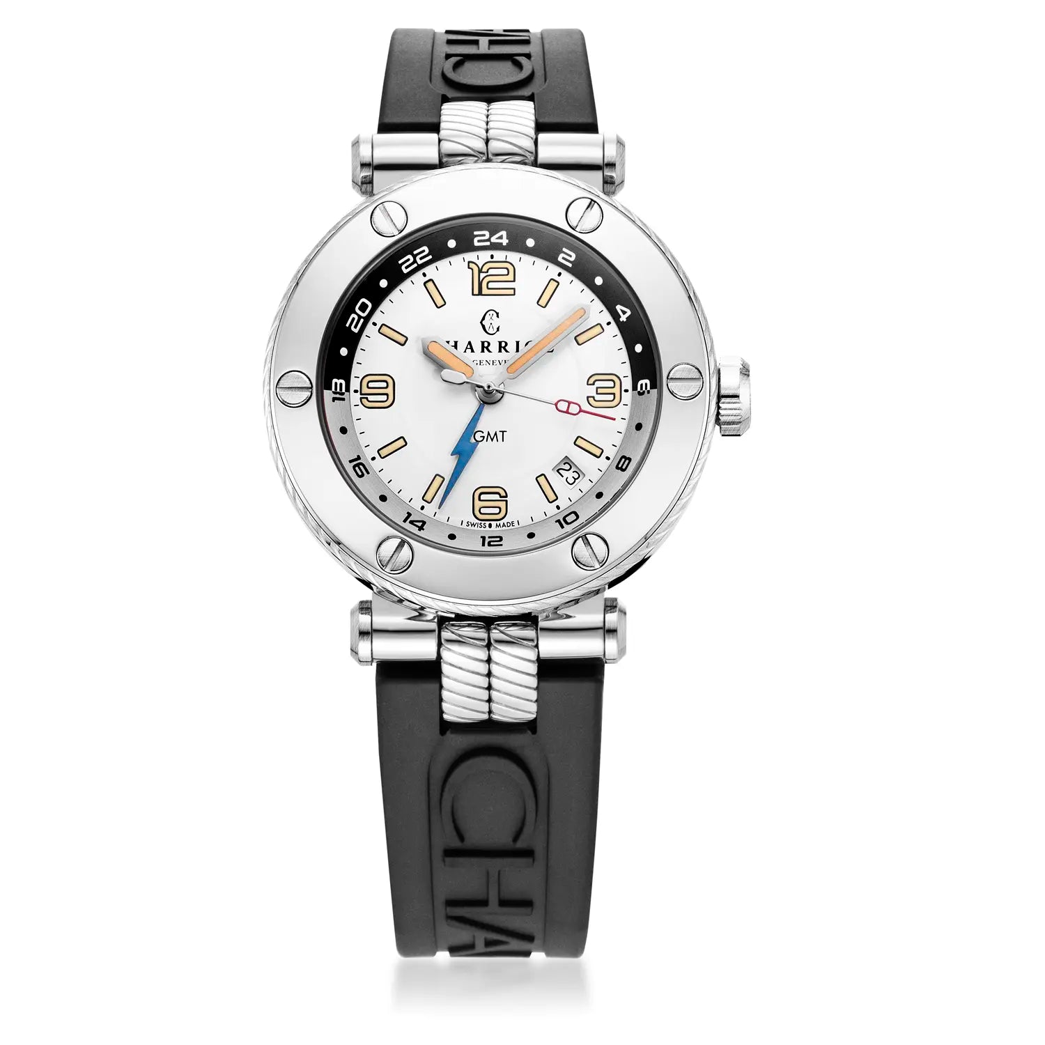 NAVIGATOR SURF GMT, 41MM, AUTOMATIC CALIBRE, WHITE DIAL, 6 SCREWS BEZEL, BLACK RUBBER INTERCHANGEABLE BRACELET - Charriol Geneve - Watch