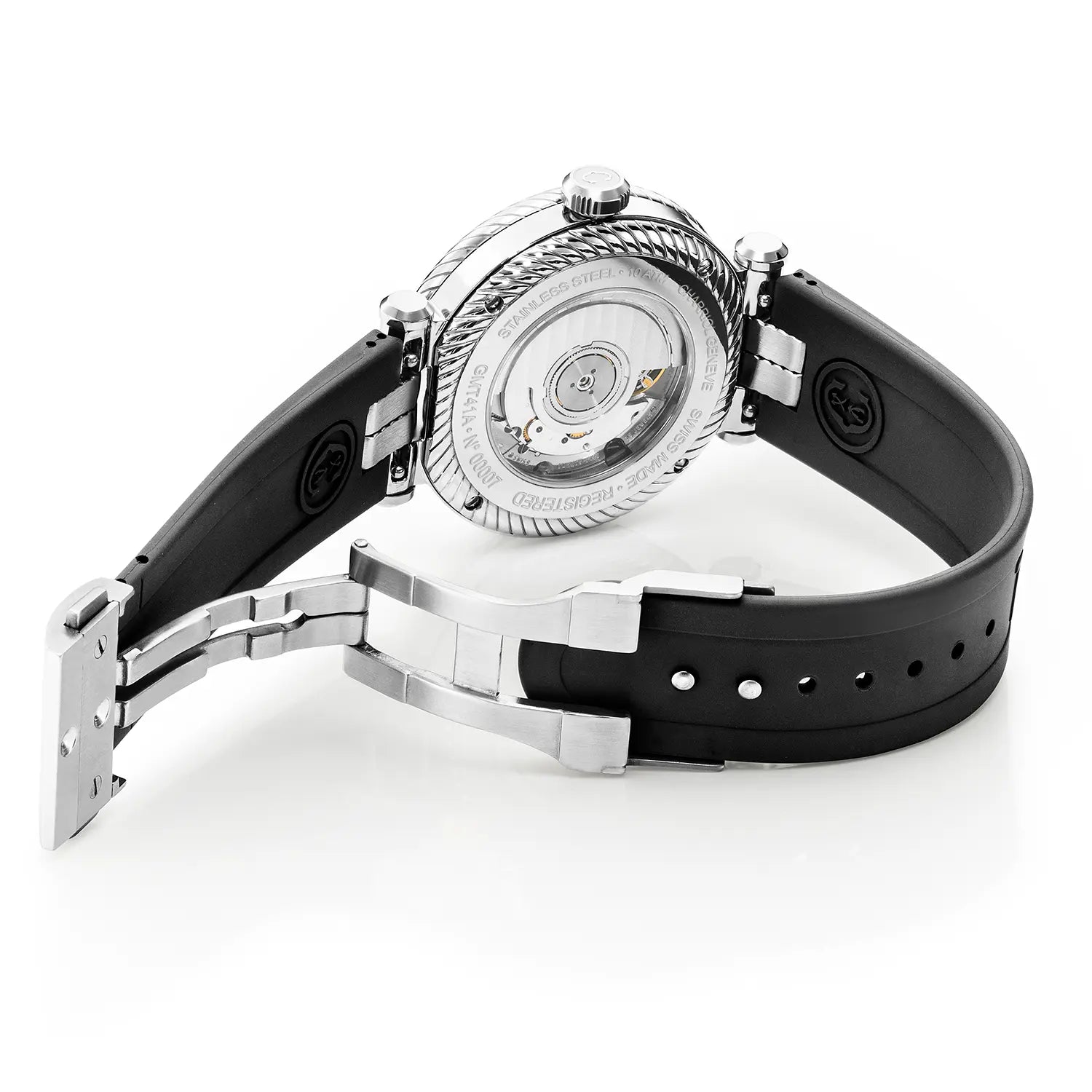 NAVIGATOR SURF GMT, 41MM, AUTOMATIC CALIBRE, WHITE DIAL, 6 SCREWS BEZEL, BLACK RUBBER INTERCHANGEABLE BRACELET - Charriol Geneve - Watch