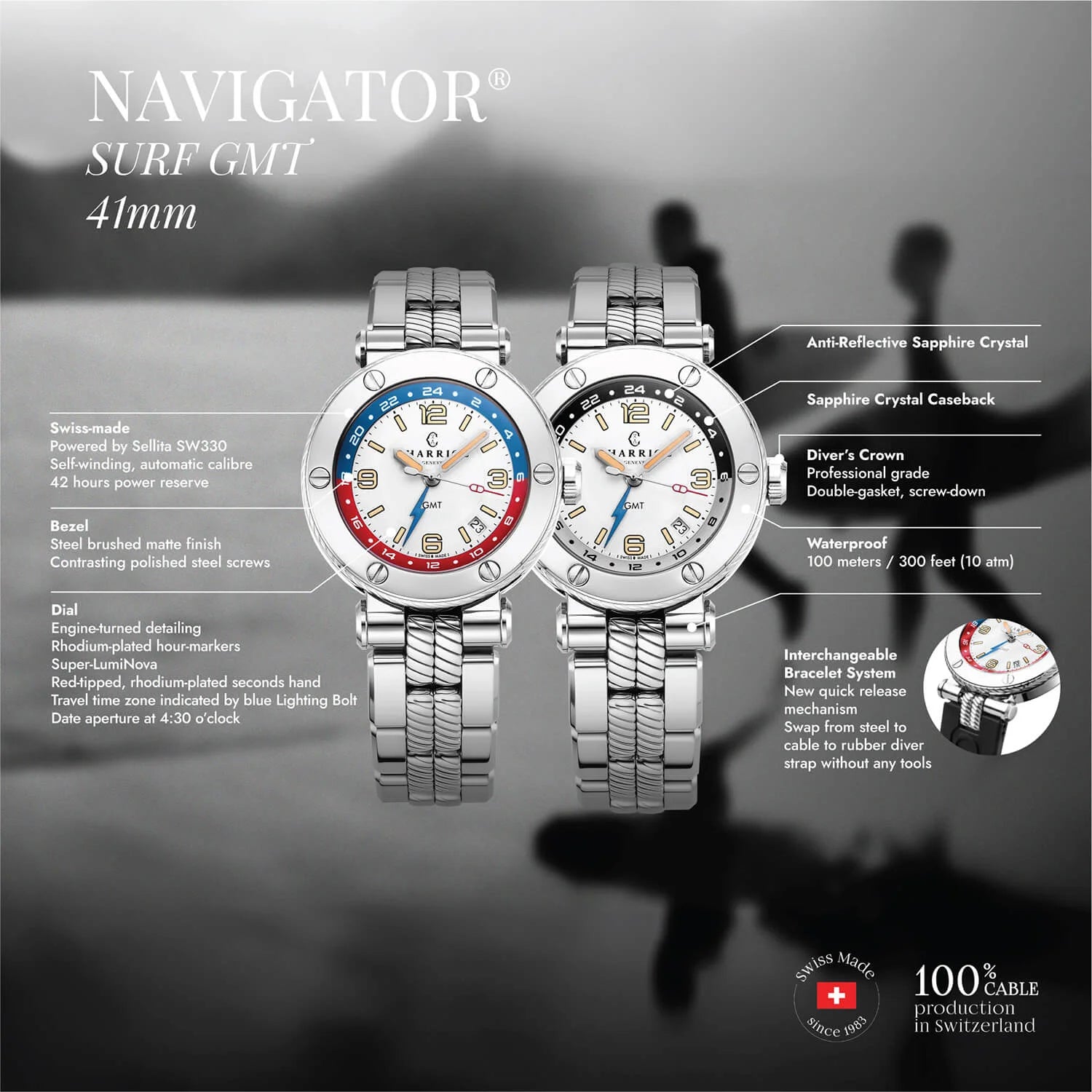 NAVIGATOR SURF GMT, 41MM, AUTOMATIC CALIBRE, WHITE DIAL, 6 SCREWS BEZEL, STEEL INTERCHANGEABLE BRACELET - Charriol Geneve - Watch