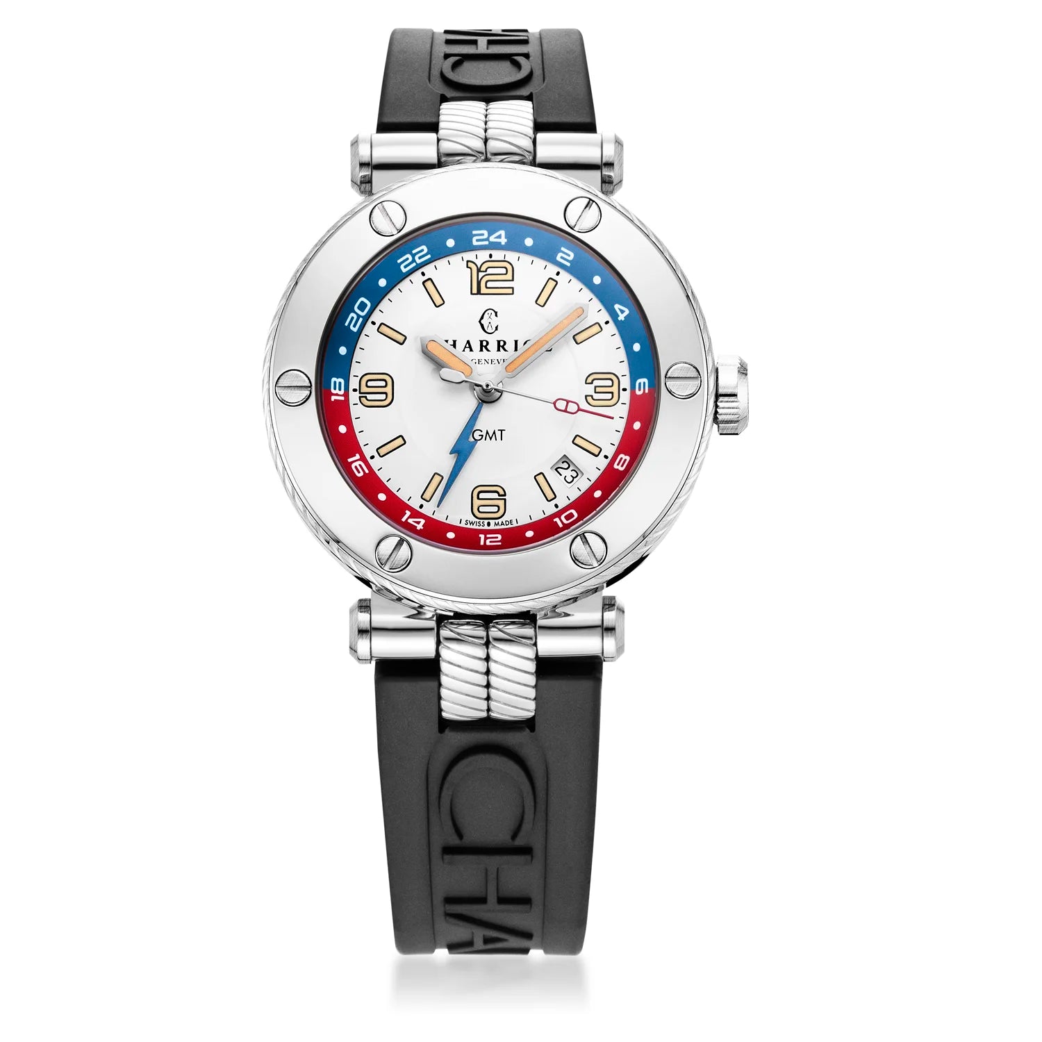 NAVIGATOR SURF GMT, 41MM, AUTOMATIC CALIBRE, WHITE DIAL, 6 SCREWS BEZEL, BLACK RUBBER INTERCHANGEABLE STRAP - Charriol Geneve - Watch