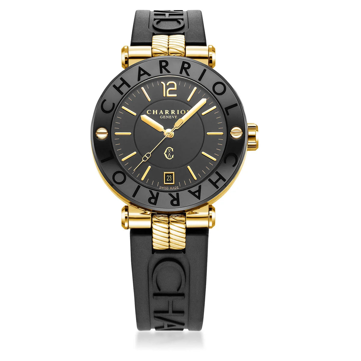 NAVIGATOR CRUISE, 41MM, QUARTZ CALIBRE, BLACK WITH YELLOW 2 ARABIC AND 9 INDEX DIAL, STEEL BLACK PVD "CHARRIOL CHARRIOL" WITH 2 SCREWS BEZEL, BLACK RUBBER INTERCHANGEABLE BRACELET - © 2024 Charriol - Watch