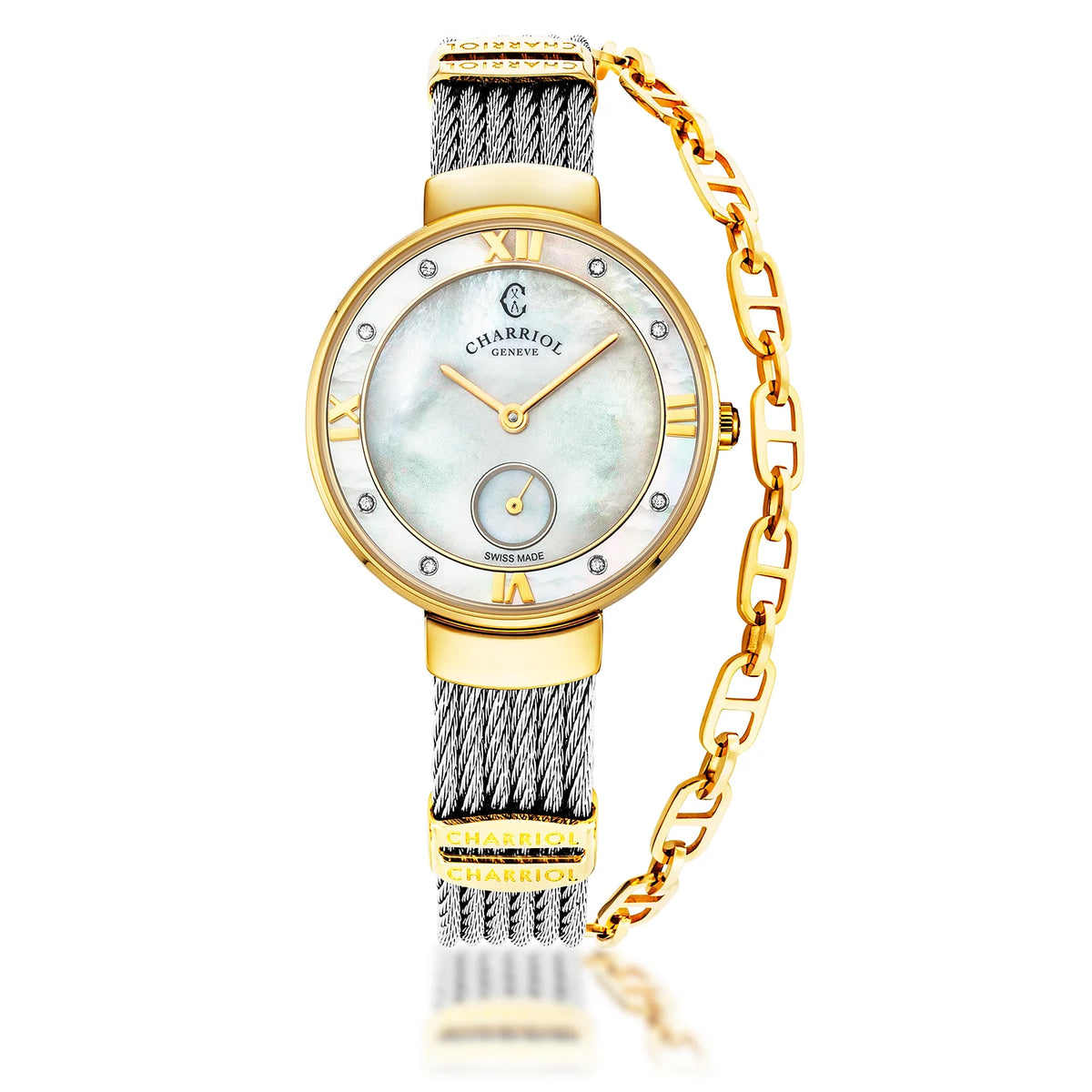 ST TROPEZ, 30MM, QUARTZ CALIBRE, MOTHER-OF-PEARL DIAL, MOTHER-OF-PEARL WITH 8 DIAMONDS BEZEL, STEEL CABLE BRACELET - Charriol Geneve - Watch