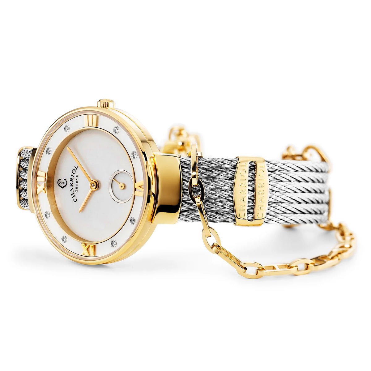 ST TROPEZ, 30MM, QUARTZ CALIBRE, MOTHER-OF-PEARL DIAL, MOTHER-OF-PEARL WITH 8 DIAMONDS BEZEL, STEEL CABLE BRACELET - Charriol Geneve - Watch