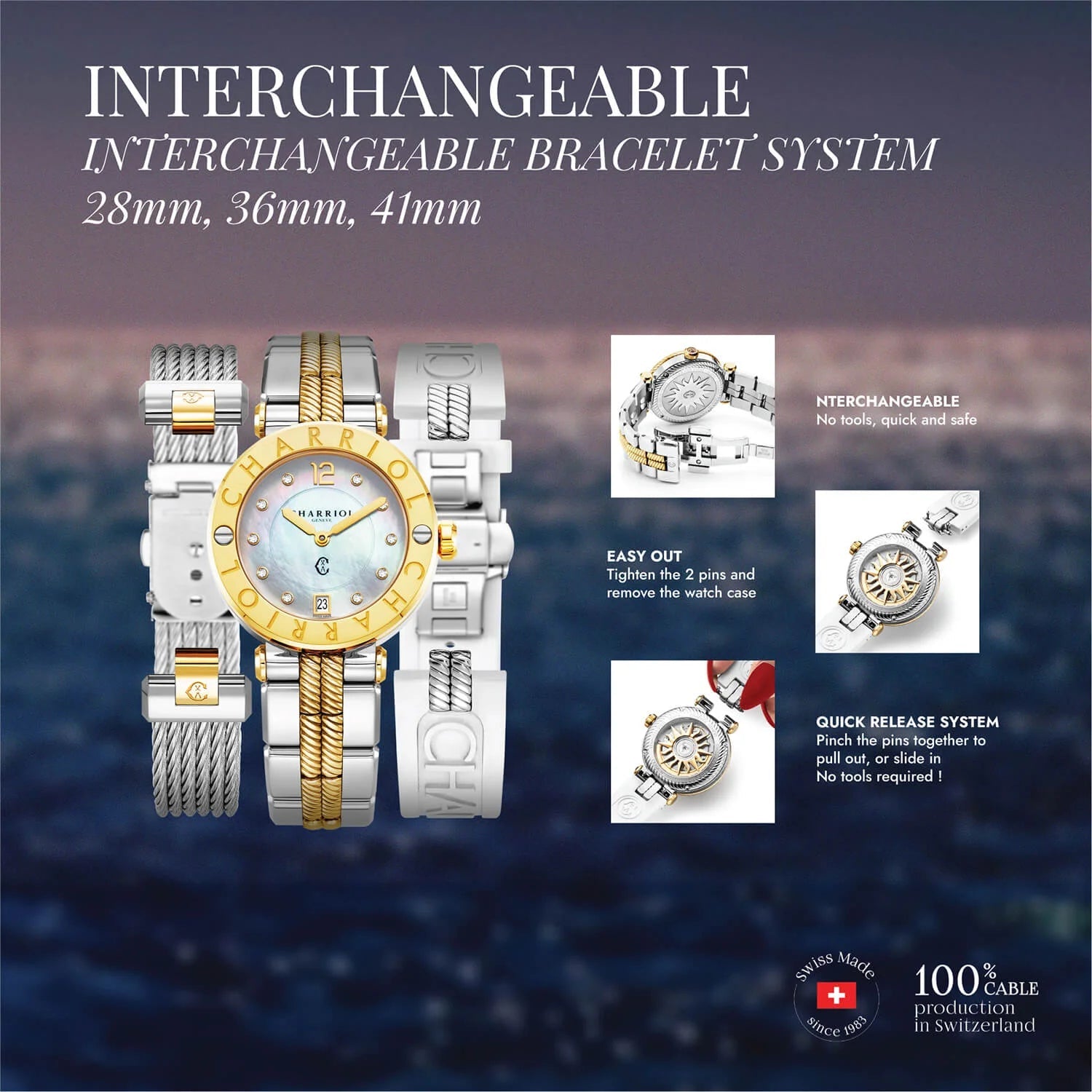 NAVIGATOR CRUISE, 28MM, QUARTZ CALIBRE, MOTHER-OF-PEARL WITH 10 DIAMONDS DIAL, 30 FULL CUT DIAMONDS WITH 6 SCREWS BEZEL, METALYELLOW GOLD PVD INTERCHANGEABLE BRACELET - Charriol Geneve - Watch