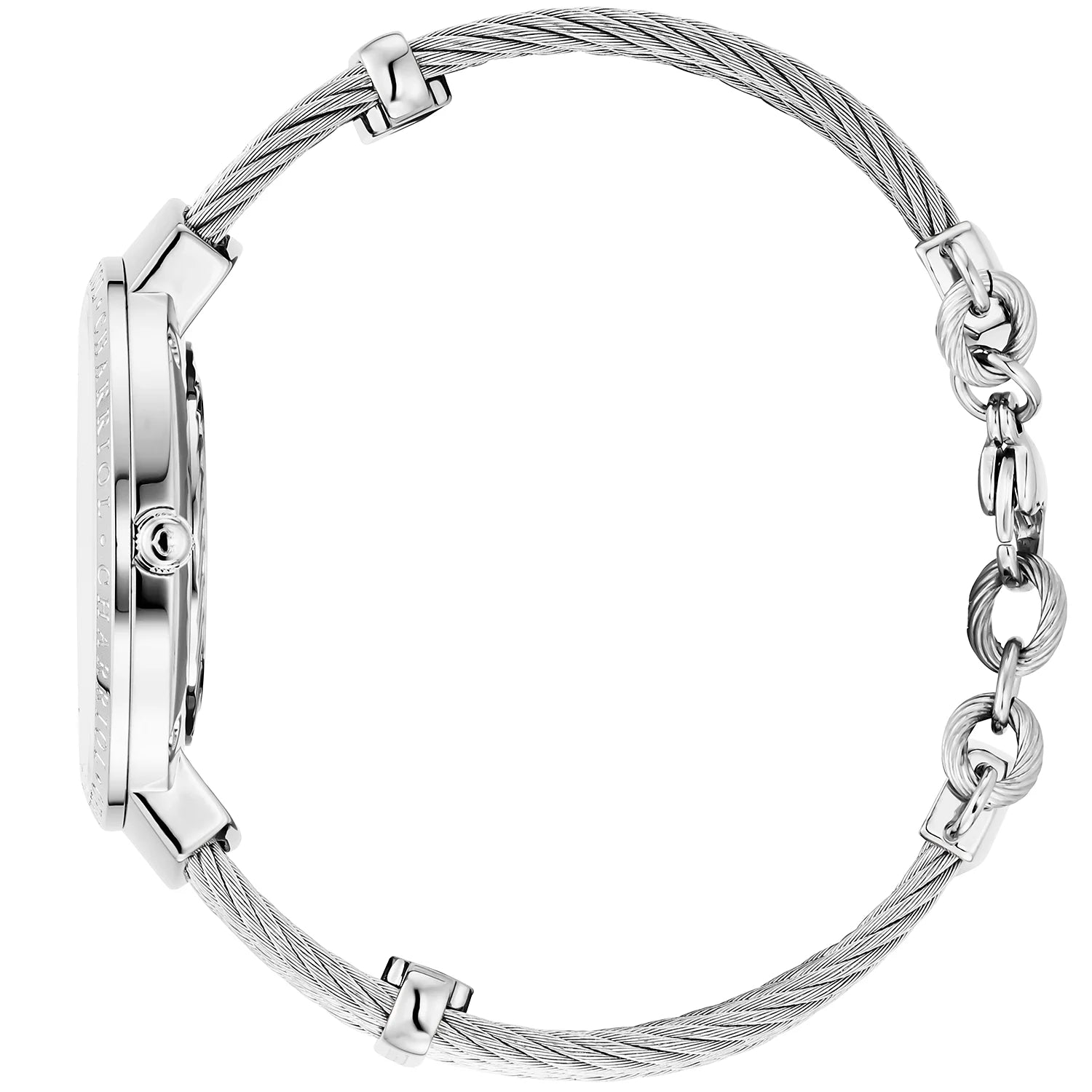 SLIM, 34MM, QUARTZ CALIBRE, BLUE MOTHER-OF-PEARL WITH 12 DIAMONDS, "CHARRIOL CHARRIOL" BEZEL, STEEL CABLE BRACELET - Charriol Geneve - Watch