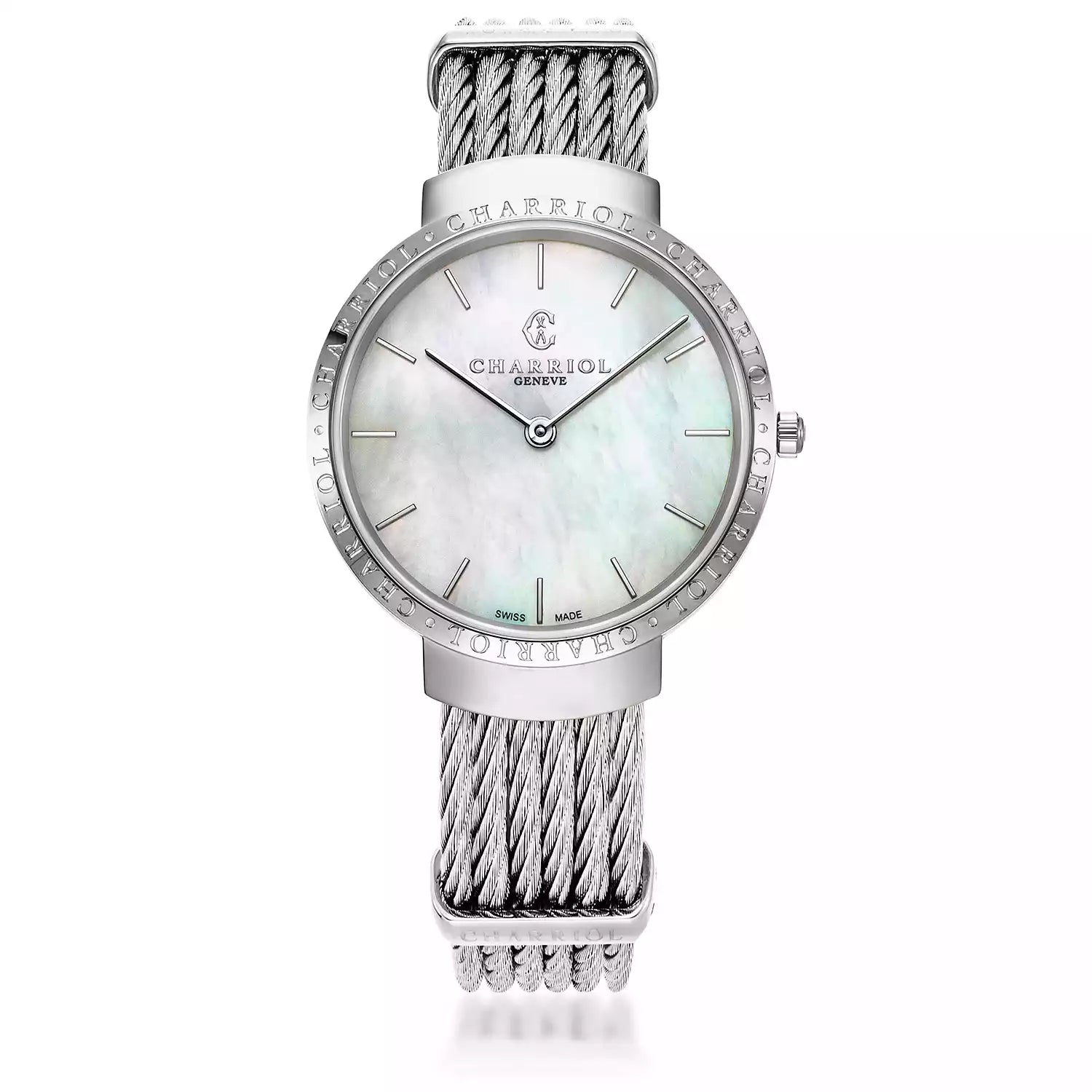 SLIM, 34MM, QUARTZ CALIBRE, MOTHER-OF-PEARL DIAL, "CHARRIOL CHARRIOL" BEZEL, STEEL CABLE BRACELET - Charriol Geneve - Watch