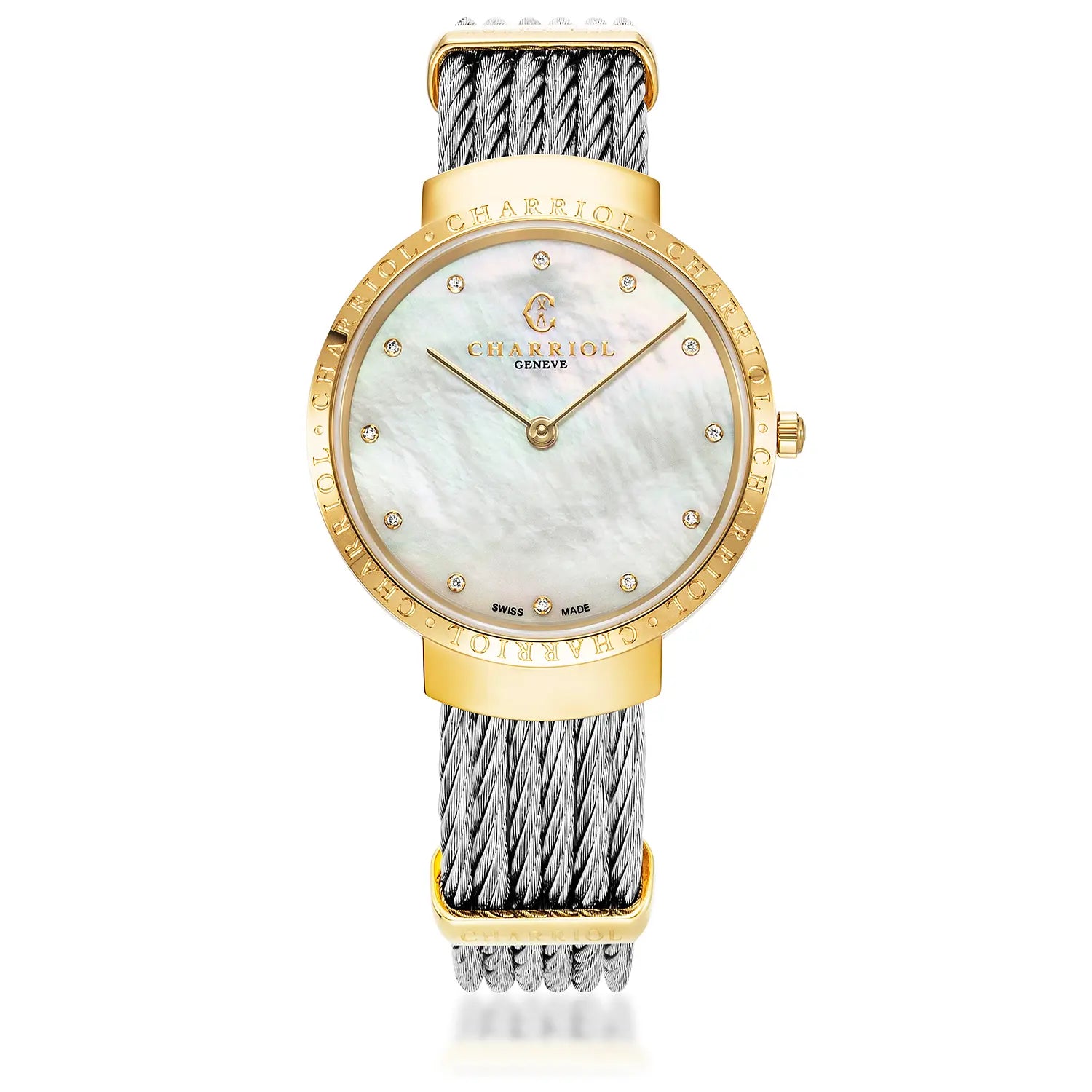 SLIM, 34MM, QUARTZ CALIBRE, MOTHER-OF-PEARL WITH 12 DIAMONDS DIAL, "CHARRIOL CHARRIOL" BEZEL, STEEL CABLE BRACELET - Charriol Geneve - Watch