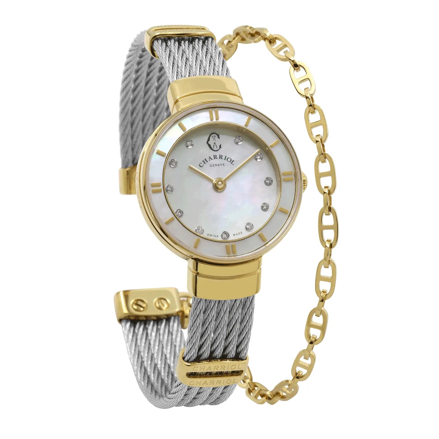 ST TROPEZ, 25MM, QUARTZ CALIBRE, MOTHER-OF-PEARL WITH 11 DIAMONDS DIAL, YELLOW GOLD PVD BEZEL, STEEL CABLE BRACELET - Charriol Geneve - Watch