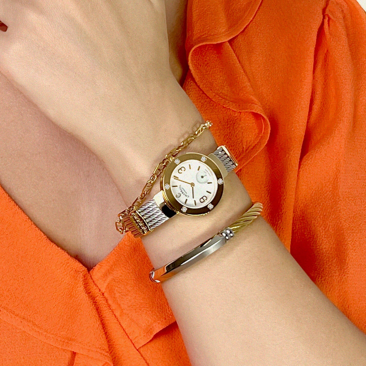 ST TROPEZ, 30MM, QUARTZ CALIBRE, MOTHER-OF-PEARL DIAL, YELLOW GOLD PVD WITH 6 DIAMONDS BEZEL, STEEL CABLE BRACELET - Charriol Geneve - Watch