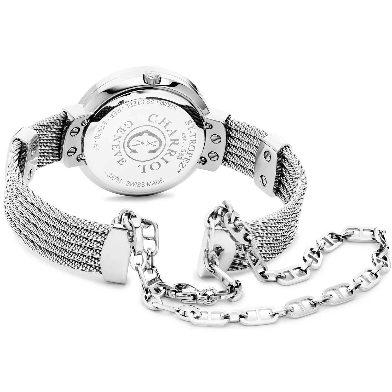 ST TROPEZ, 30MM, QUARTZ CALIBRE, MOTHER-OF-PEARL WITH 10 DIAMONDS DIAL, "CHARRIOL CHARRIOL" BEZEL, STEEL CABLE BRACELET - Charriol Geneve - Watch