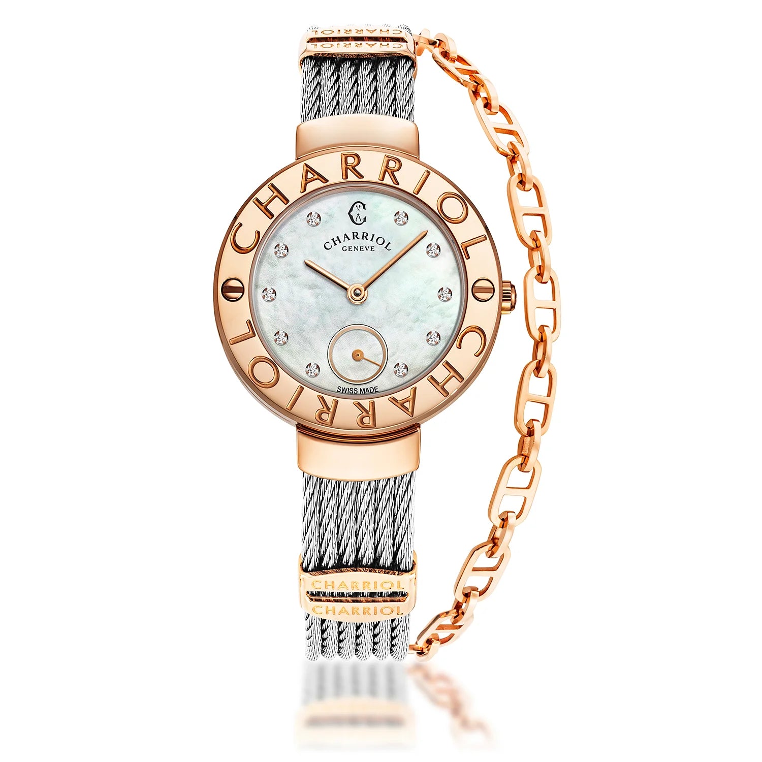 ST TROPEZ, 30MM, QUARTZ CALIBRE, MOTHER-OF-PEARL WITH 10 DIAMONDS DIAL, "CHARRIOL CHARRIOL" BEZEL, STEEL CABLE BRACELET - Charriol Geneve - Watch