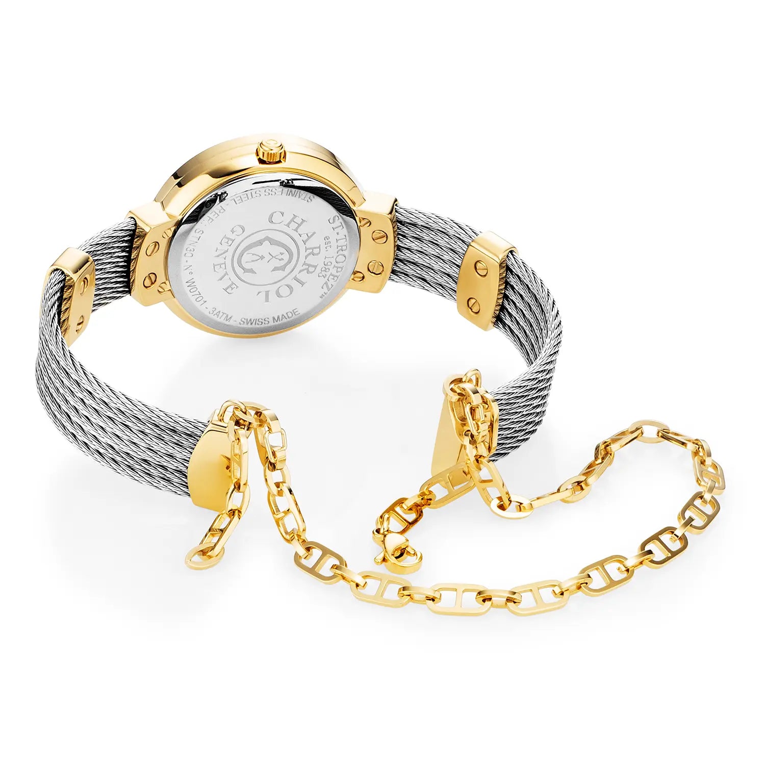 ST TROPEZ, 30MM, QUARTZ CALIBRE, MOTHER-OF-PEARL WITH 10 DIAMONDS DIAL, MOTHER-OF-PEARL BEZEL, STEEL CABLE BRACELET - Charriol Geneve - Watch