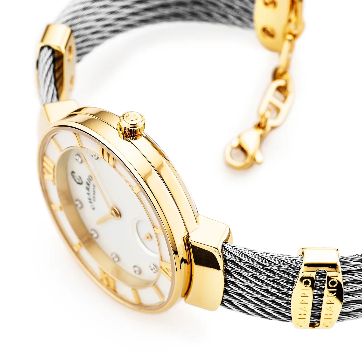 ST TROPEZ, 30MM, QUARTZ CALIBRE, MOTHER-OF-PEARL WITH 10 DIAMONDS DIAL, MOTHER-OF-PEARL BEZEL, STEEL CABLE BRACELET - Charriol Geneve - Watch