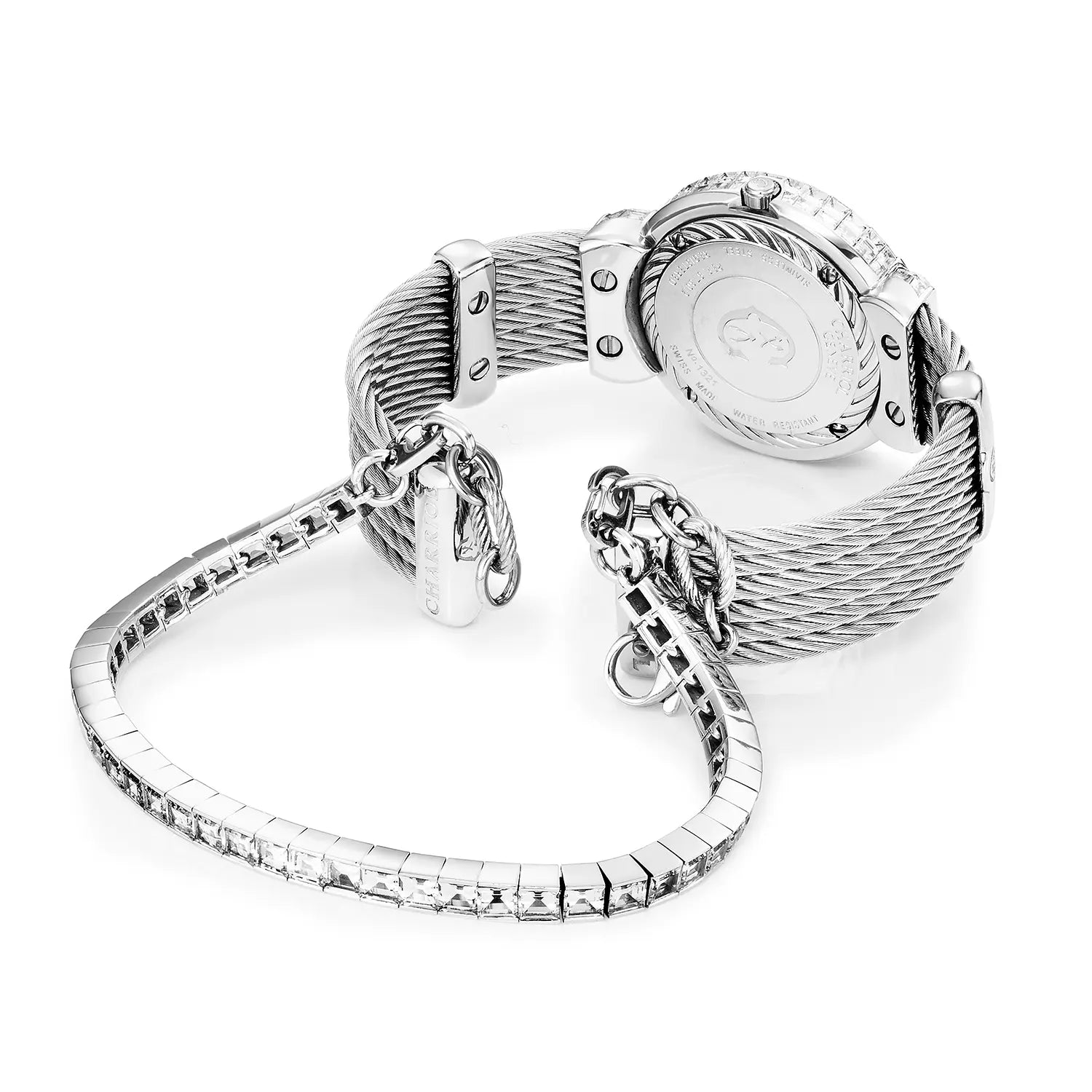 ST TROPEZ ICON, 30MM, QUARTZ CALIBRE, MOTHER-OF-PEARL WITH 11 DIAMONDS BAGUETTES, FULL DIAMONDS BAGUETTES BEZEL, STEEL CABLE WITH DIAMONDS BAGUETTES BRACELET - Charriol Geneve - Watch