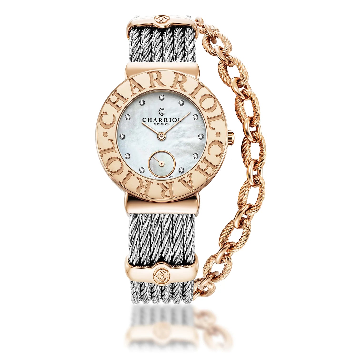 ST TROPEZ ICON, 30MM, QUARTZ CALIBRE, MOTHER-OF-PEARL WITH 11 DIAMONDS, "CHARRIOL CHARRIOL" BEZEL, STEEL CABLE BRACELET - Charriol Geneve - Watch