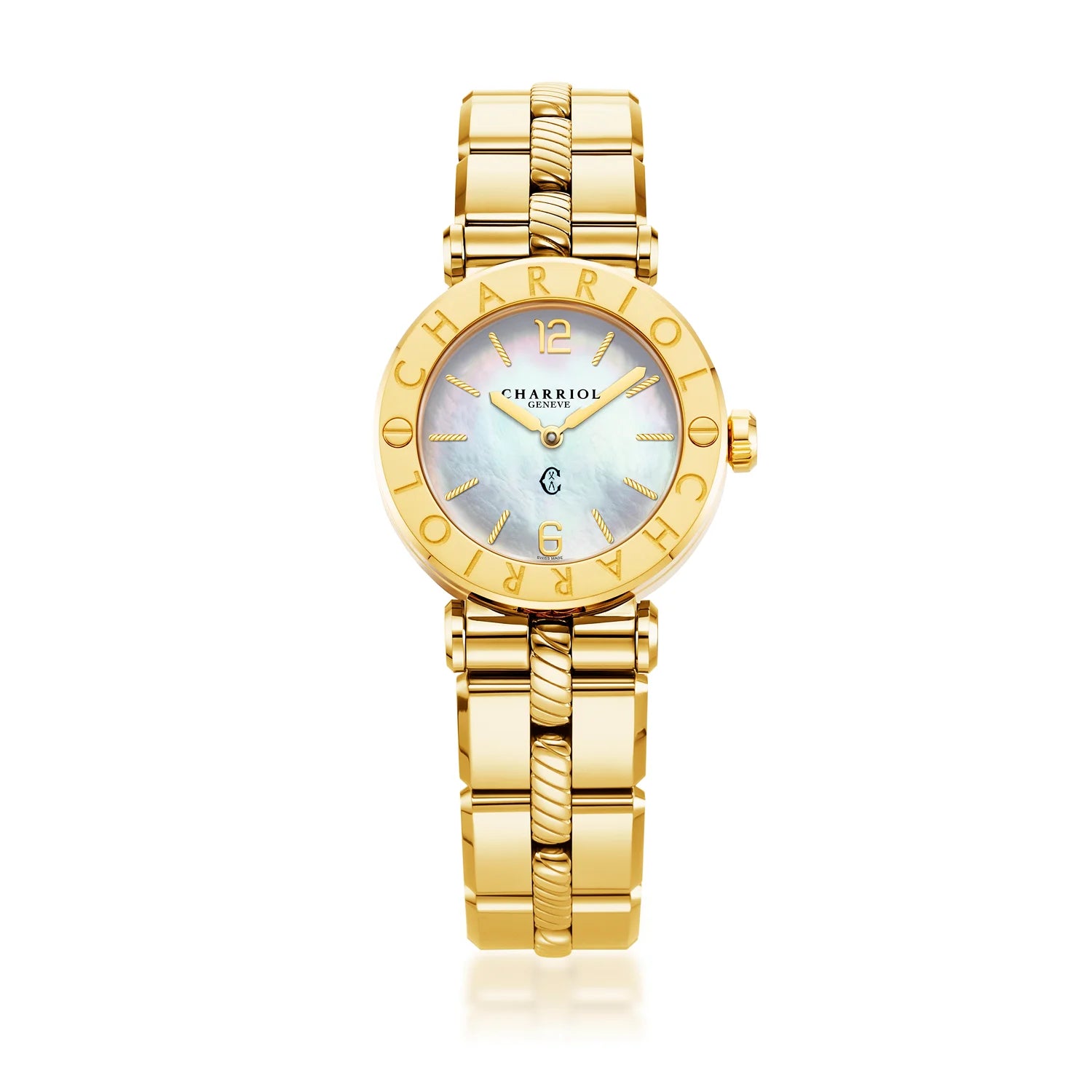 St Tropez Cruise Watch White and Yellow GoldSt Tropez Cruise 28mm Watch Yellow Gold Bracelet, Yellow Gold & 2 Screws Bezel and White MOP Dial - Charriol Geneve - Watch