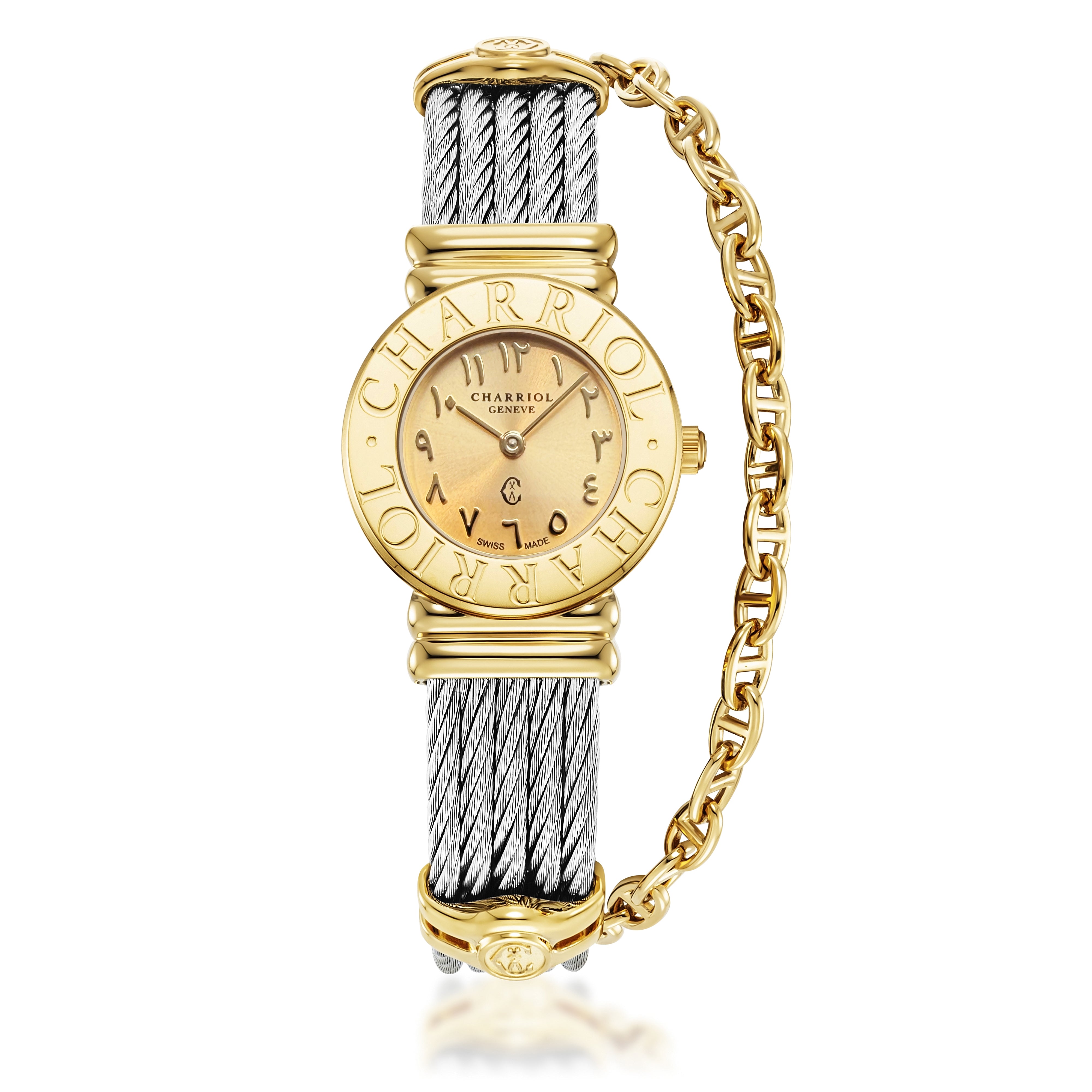 ST-TROPEZ, Steel yellow GP 2N 24,5mm case, Charriol Charriol bezel; golden sunray brushed dial with 12 gold Arabic figures hour-markers; Swiss Ronda Quartz 2 hands movement; Steel Cable with yellow gold plated marine chain, clips and security clasp. - ©2026 Philippe Charriol International Ltd. - Watch