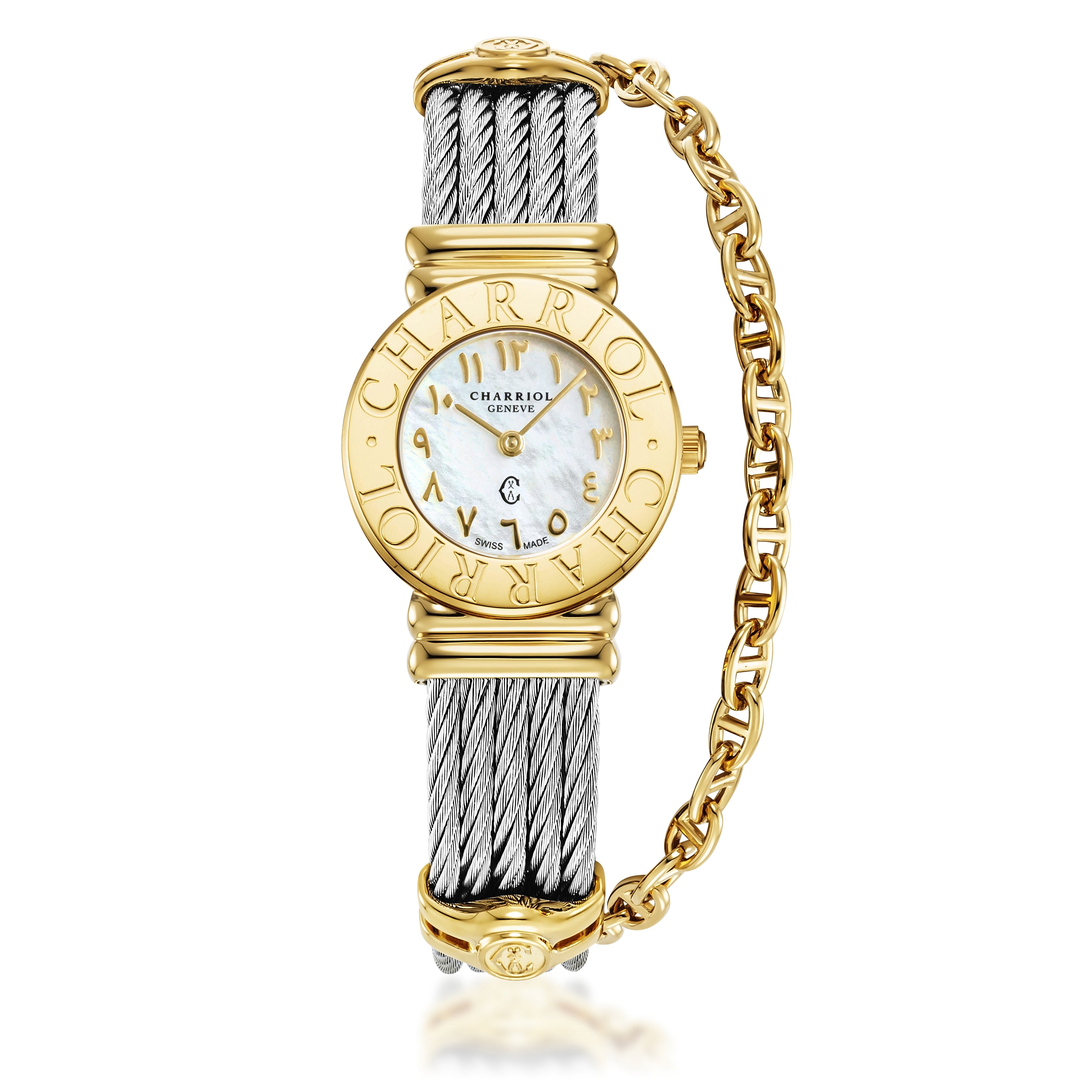 ST-TROPEZ, Steel yellow GP 2N 24,5mm case, Charriol Charriol bezel; white Mother of pearl dial with 12 gold Arabic figures hour-markers; Swiss Ronda Quartz 2 hands movement; Steel Cable with yellow gold plated marine chain, clips and security clasp. - ©2026 Philippe Charriol International Ltd. - Watch