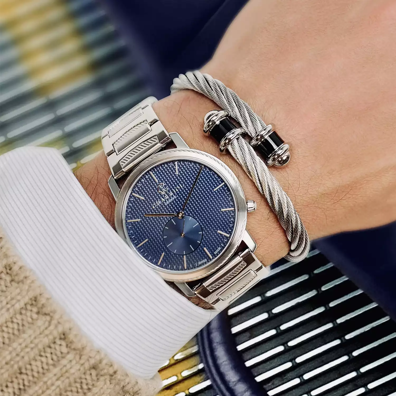 CELTIC LEGACY, 40MM, QUARTZ CALIBRE, BLUE "CLOUS DE PARIS" DIAL, STEEL BEZEL, STEEL BRACELET - Charriol Geneve -  Watch