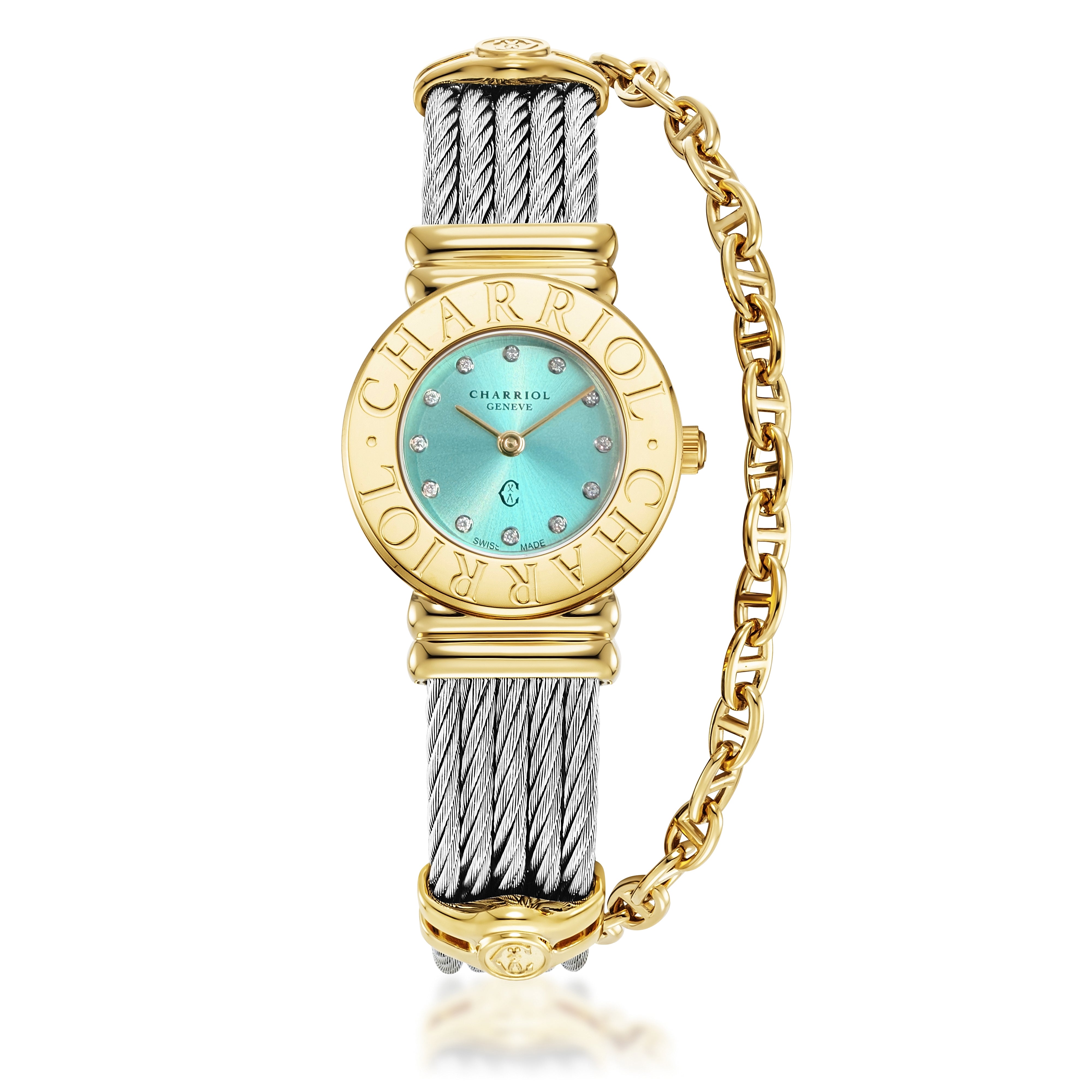 ST-TROPEZ, Steel Yellow GP 2N Charriol Charriol, Dial Blue Sunray brushed with 12 Diamonds 0.06Cts, Swiss Ronda Quartz 2 hands movement; Steel Cable with yellow GP marine chain, clips and security clasp. - ©2026 Philippe Charriol International Ltd. - Watch