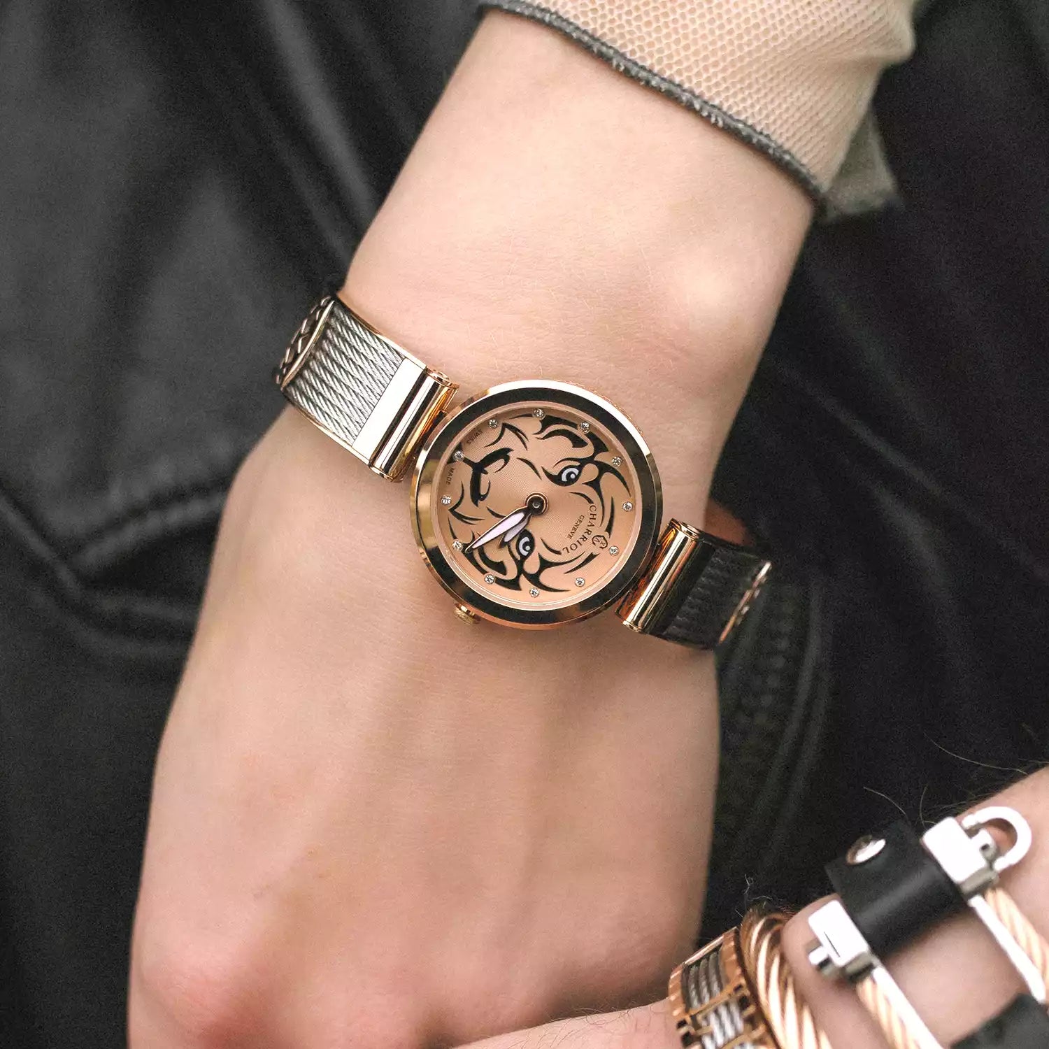 FOREVER, 32MM, QUARTZ CALIBRE, TIGER DIAL, ROSE GOLD PVD BEZEL, STEEL CABLE BRACELET - Charriol Geneve -  Watch