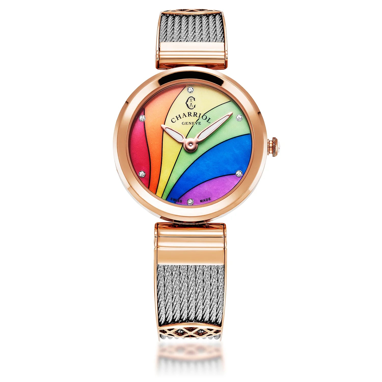 FOREVER, 32MM, QUARTZ CALIBRE, RAINBOW WITH 6 ZIRCONIAS DIAL, STEEL ROSE GOLD PVD BEZEL, STEEL CABLE BRACELET