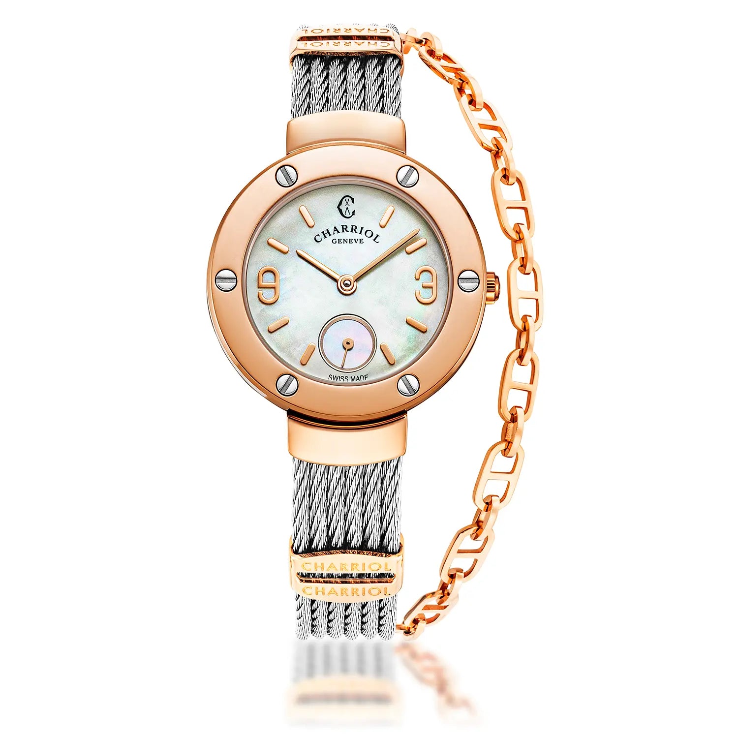 ST TROPEZ, 30MM, QUARTZ CALIBRE, MOTHER-OF-PEARL DIAL, ROSE GOLD PVD WITH 6 SCREWS BEZEL, STEEL CABLE BRACELET - Charriol Geneve -  Watch