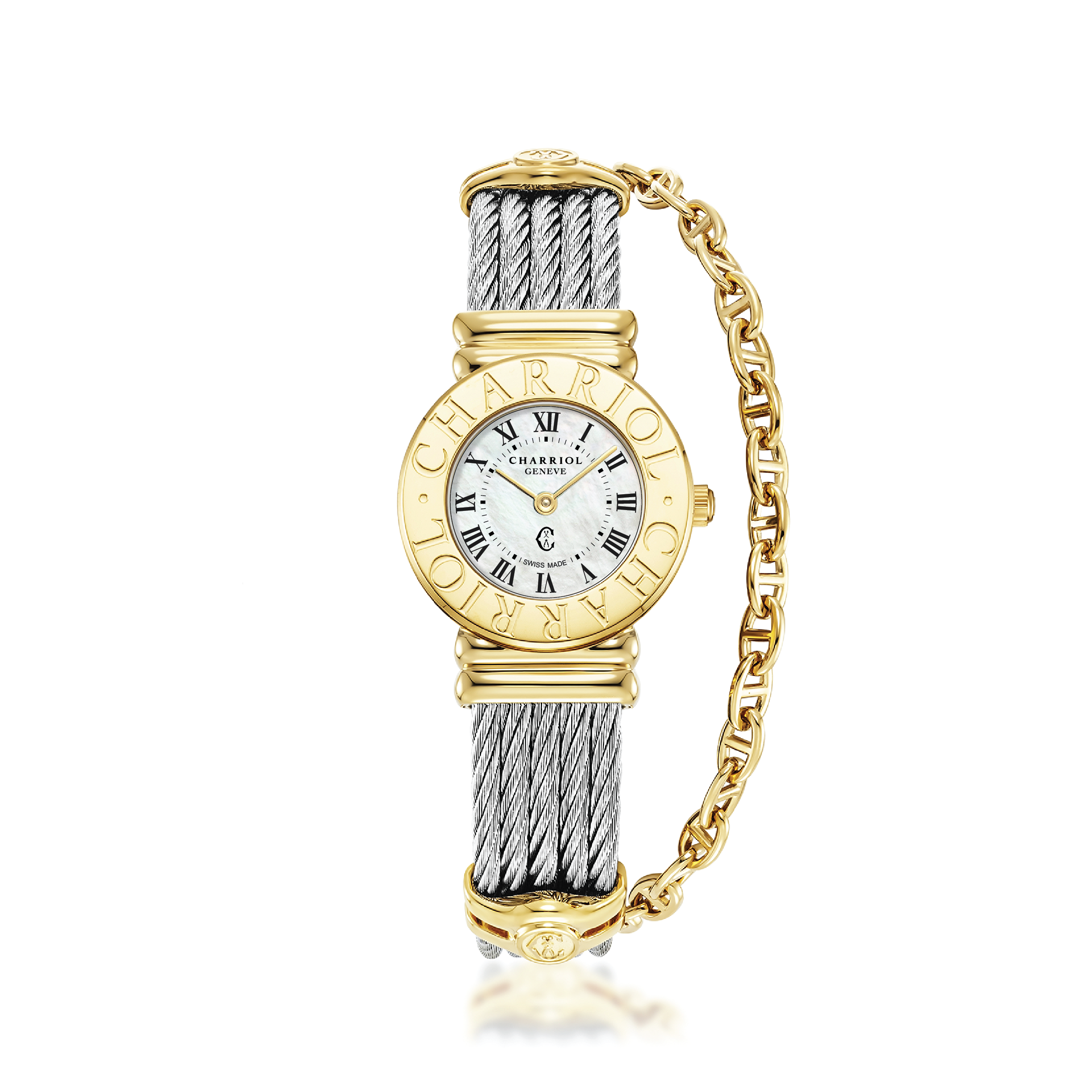 ST-TROPEZ, Steel yellow GP 2N 24,5mm case, Charriol Charriol bezel, white Mother of pearl dial with 12 black printed Roman figures, Swiss Ronda quartz 2 hands movement, Steel Cable with yellow gold plated marine chain, clips and security clasp. - ©2026 Philippe Charriol International Ltd. - Watch