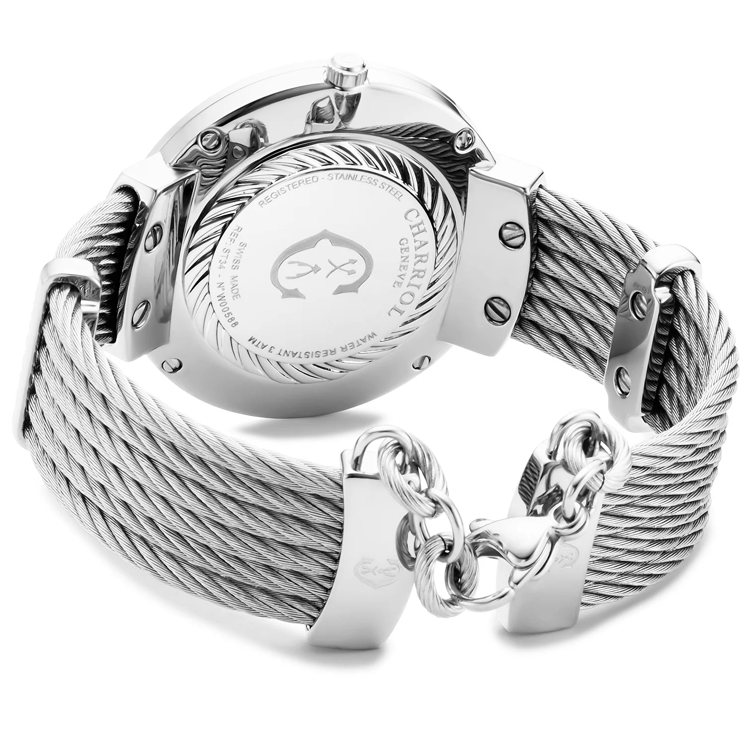 SLIM, 34MM, QUARTZ CALIBRE, WHITE EMBOSSED DIAL, "CHARRIOL CHARRIOL" BEZEL, STEEL CABLE BRACELET - Charriol Geneve -  Watch