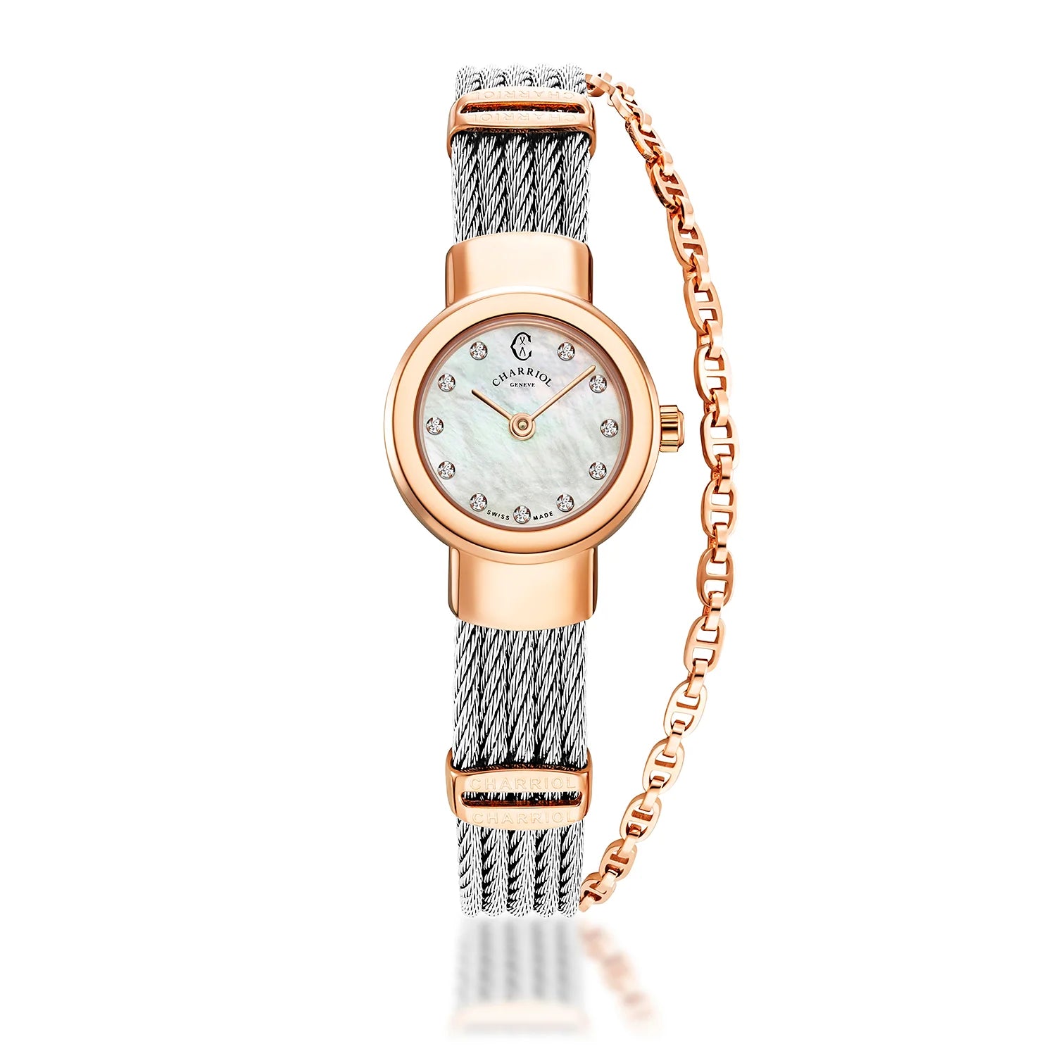 ST TROPEZ, 20MM, QUARTZ CALIBRE, MOTHER-OF-PEARL WITH 11 DIAMONDS DIAL, STEEL ROSE GOLD PVD BEZEL, STEEL CABLE BRACELET - Charriol Geneve -  Watch