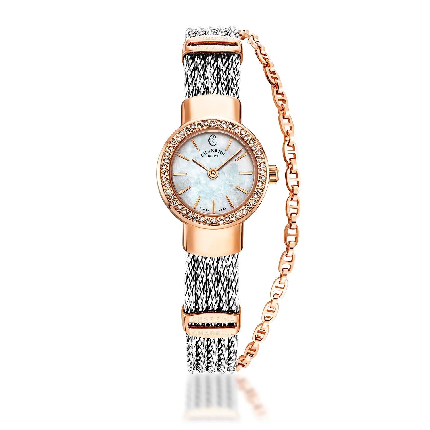 St Tropez Icon 20mm Watch Rose Gold PVD, Steel Cable, 48 Diamonds Bezel and White MOP Dial - Charriol Geneve -  Watch