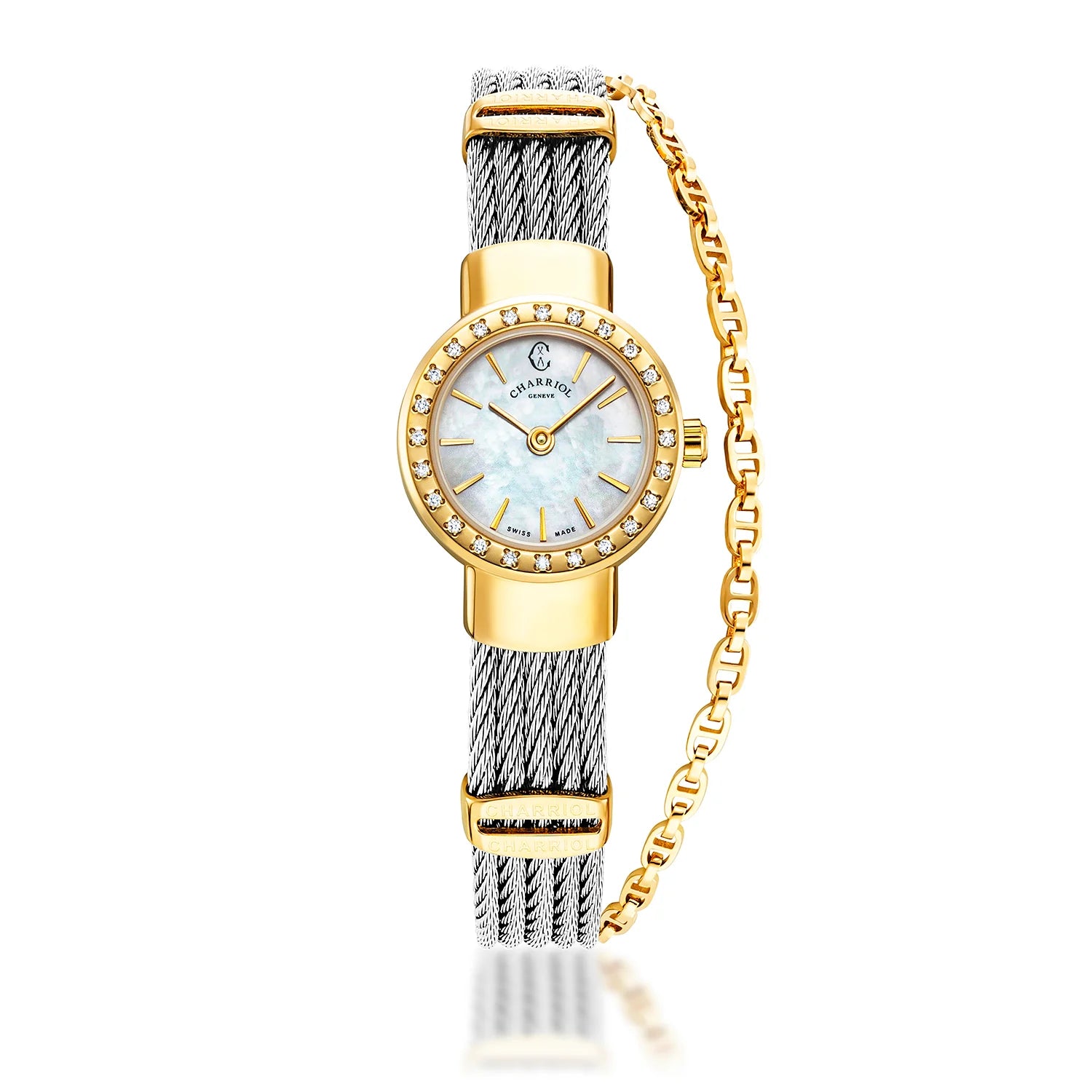 ST TROPEZ, 20MM, QUARTZ CALIBRE, MOTHER-OF-PEARL DIAL, YELLOW GOLD PVD WITH 24 DIAMONDS BEZEL, STEEL CABLE BRACELET - Charriol Geneve -  Watch