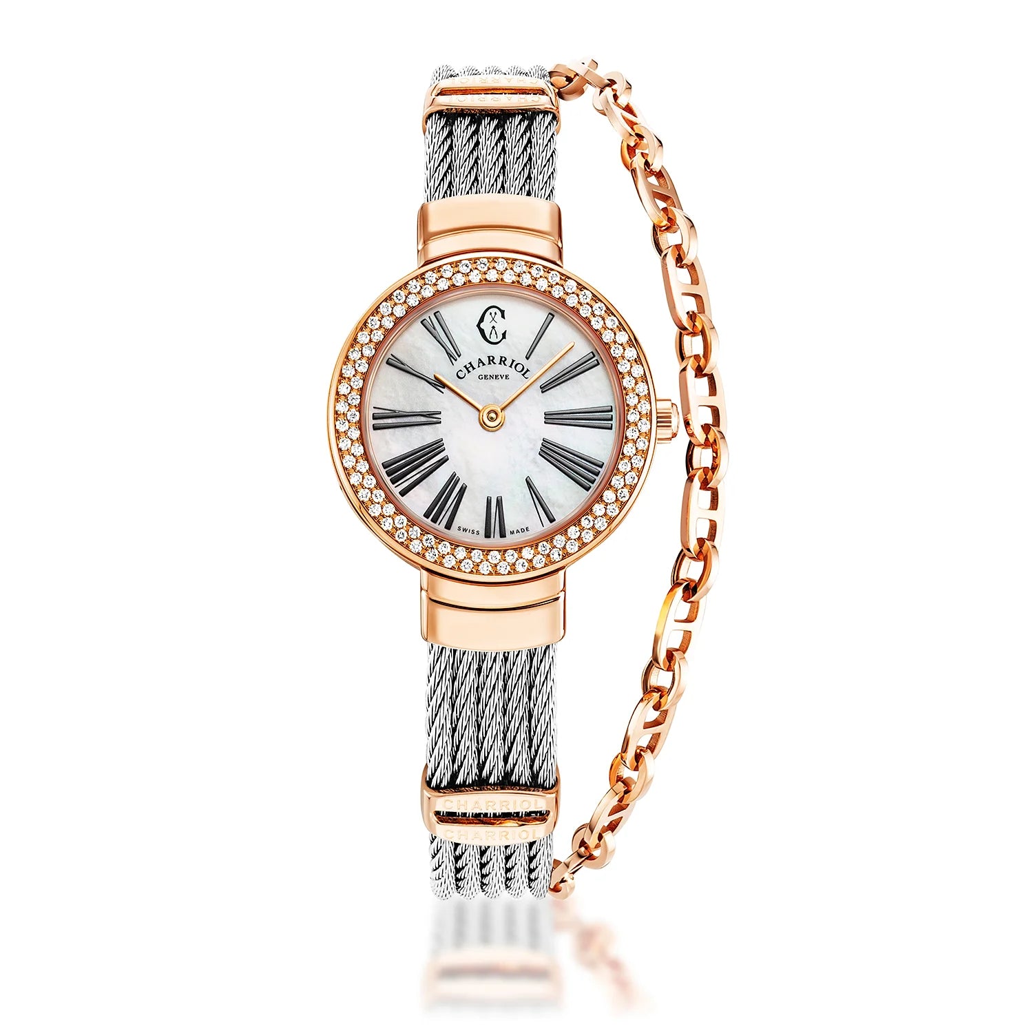 ST TROPEZ, 25MM, QUARTZ CALIBRE, WHITE MOTHER-OF-PEARL WITH ROMAN NUMERALS DIAL, ROSE GOLD PVD WITH 104 DIAMONDS BEZEL, STEEL CABLE BRACELET - Charriol Geneve -  Watch